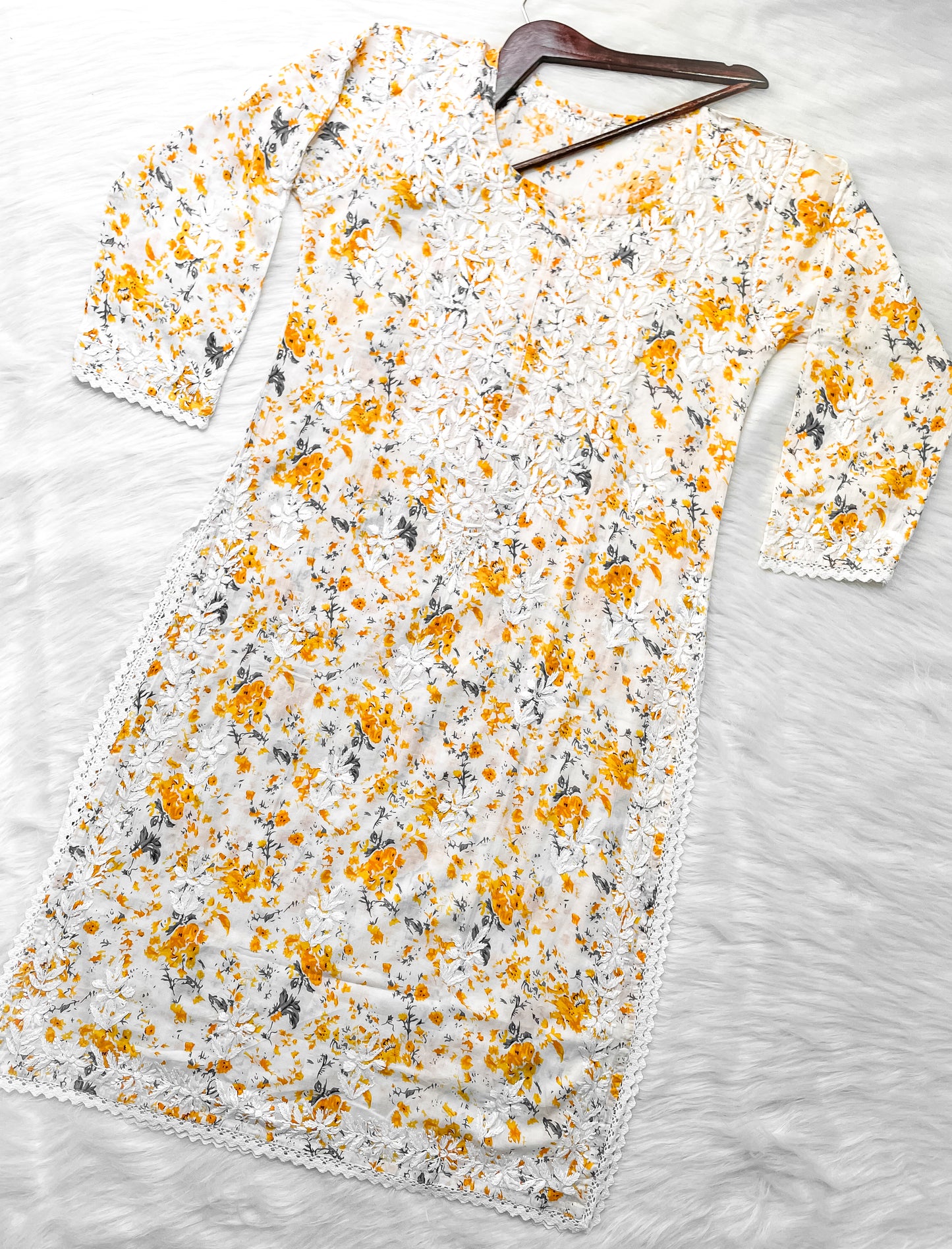 Chikankari Hand Embroidery White Base Mulmul Floral Print Kurti & Palazzo Set For Women