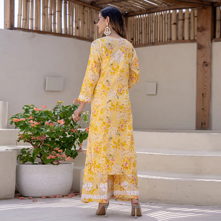 Women's Lucknowi Chikankari Handwork Mulmul Print Kurti & Palazzo Set