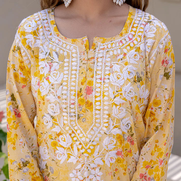 Women's Lucknowi Chikankari Handwork Mulmul Print Kurti & Palazzo Set