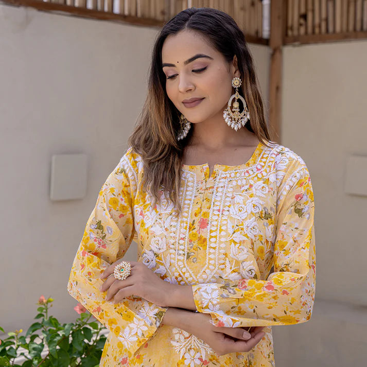 Women's Lucknowi Chikankari Handwork Mulmul Print Kurti & Palazzo Set