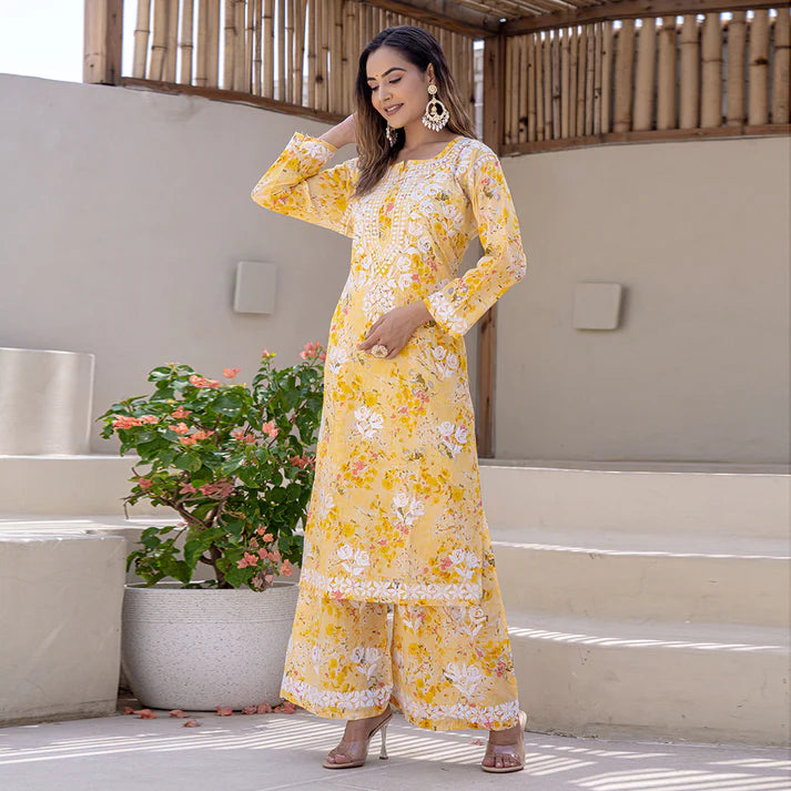 Women's Lucknowi Chikankari Handwork Mulmul Print Kurti & Palazzo Set