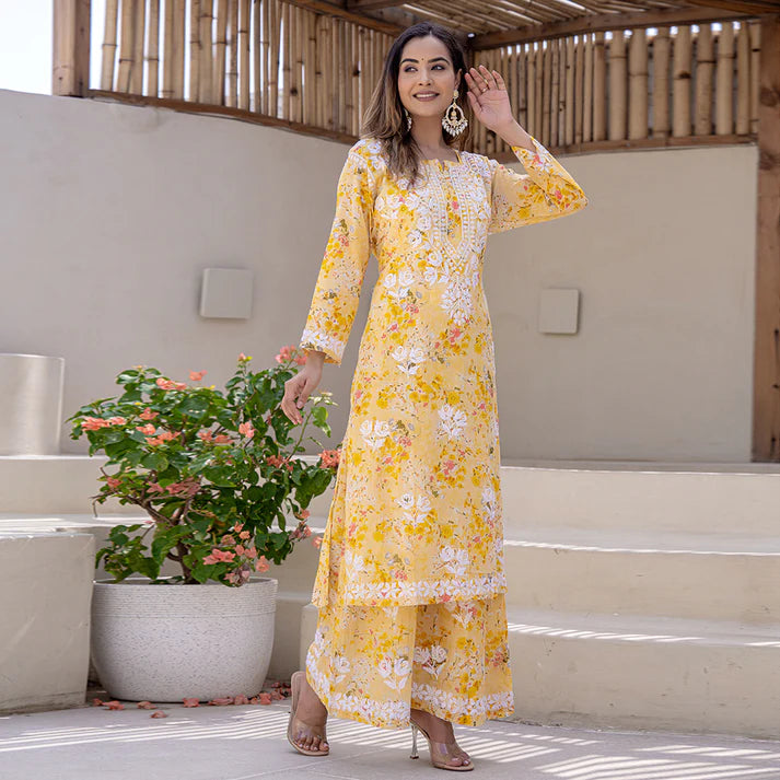 Women's Lucknowi Chikankari Handwork Mulmul Print Kurti & Palazzo Set