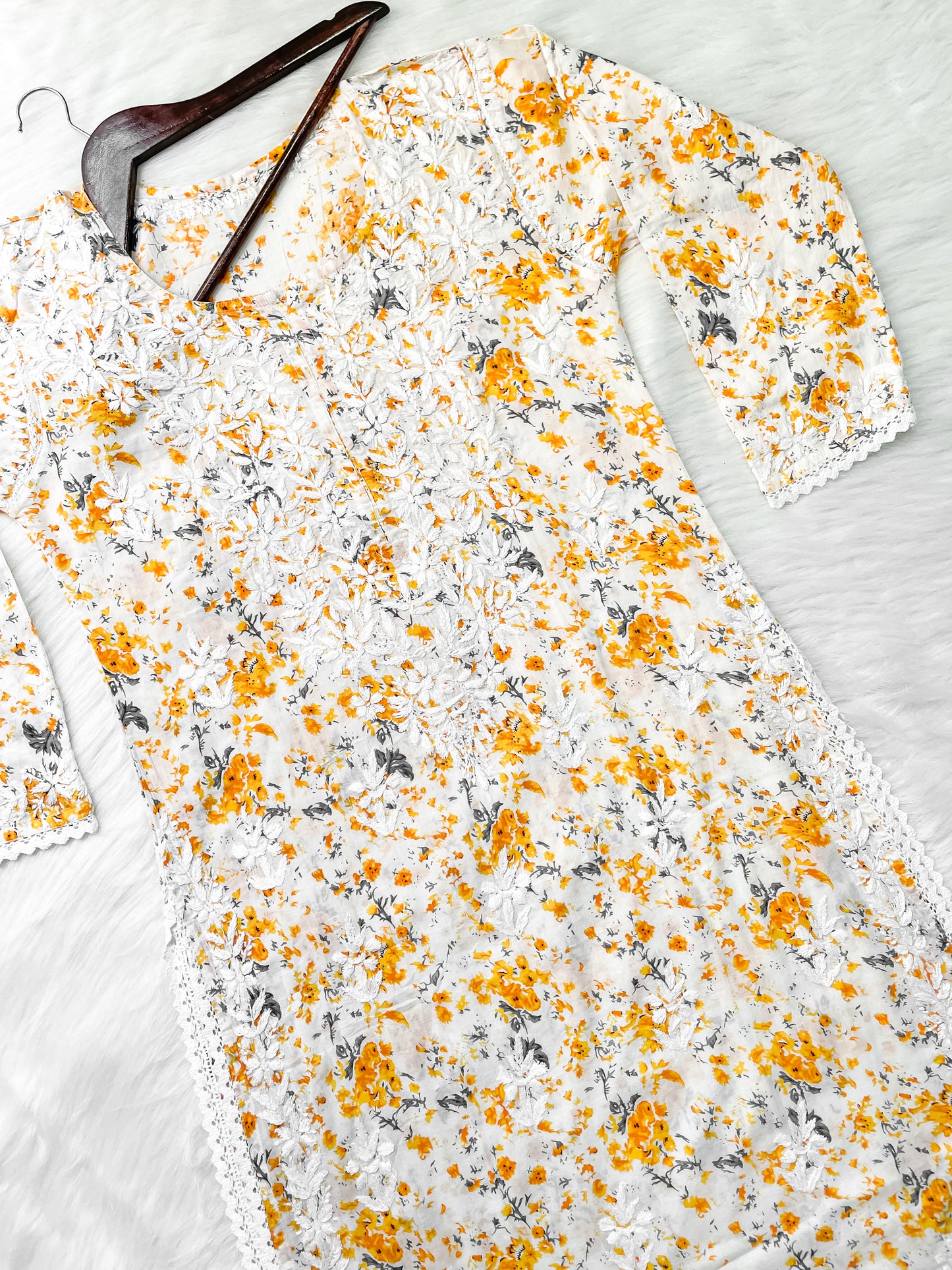 Chikankari Hand Embroidery White Base Mulmul Floral Print Kurti & Palazzo Set For Women