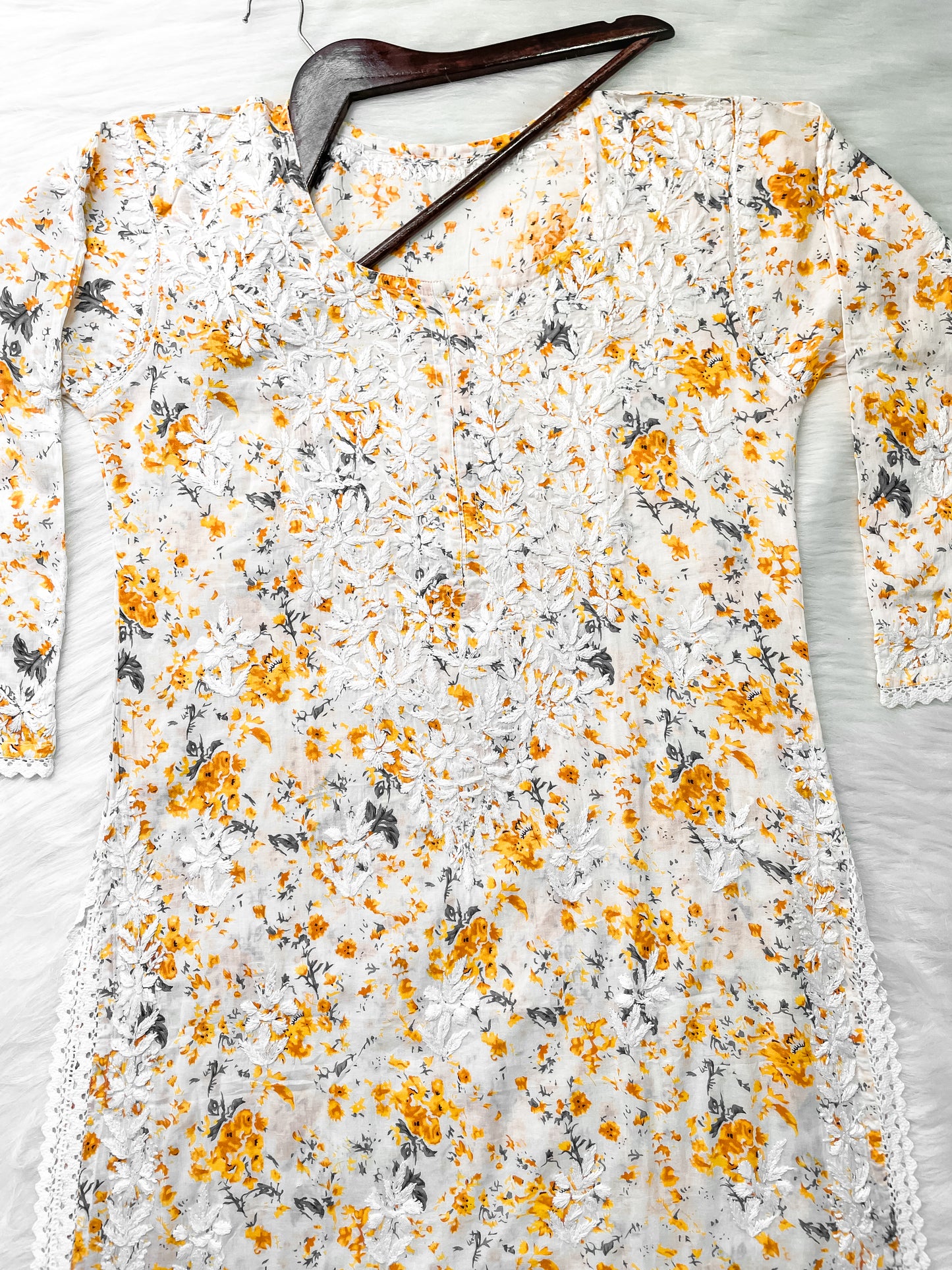 Chikankari Hand Embroidery White Base Mulmul Floral Print Kurti & Palazzo Set For Women