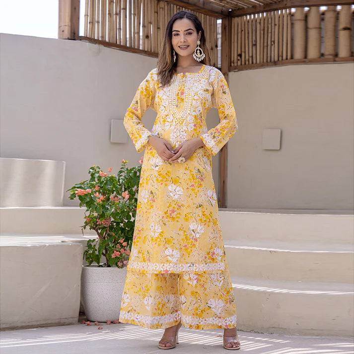 Women's Lucknowi Chikankari Handwork Mulmul Print Kurti & Palazzo Set