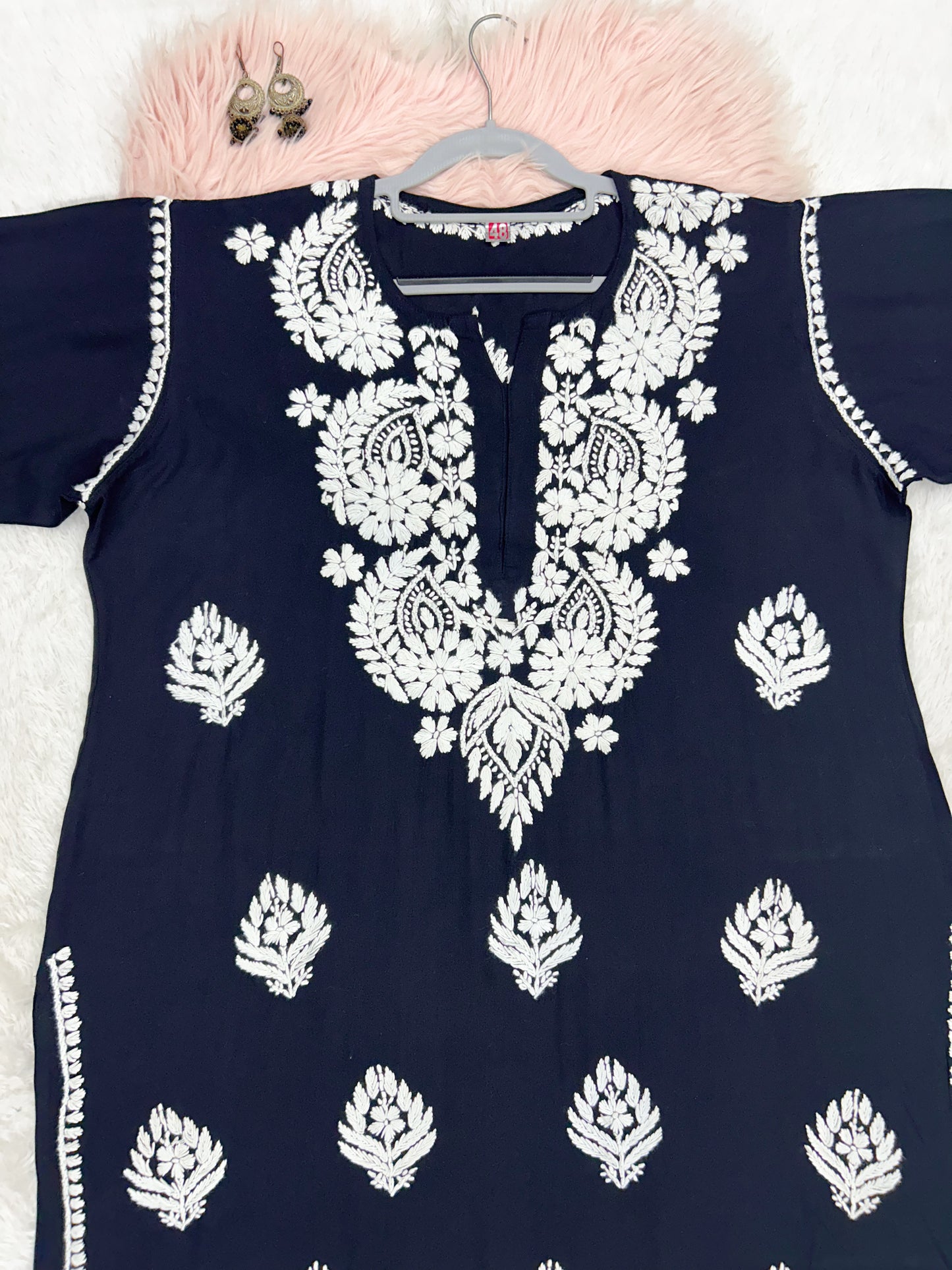Navy blue rayon plus size chikankari kurti 3