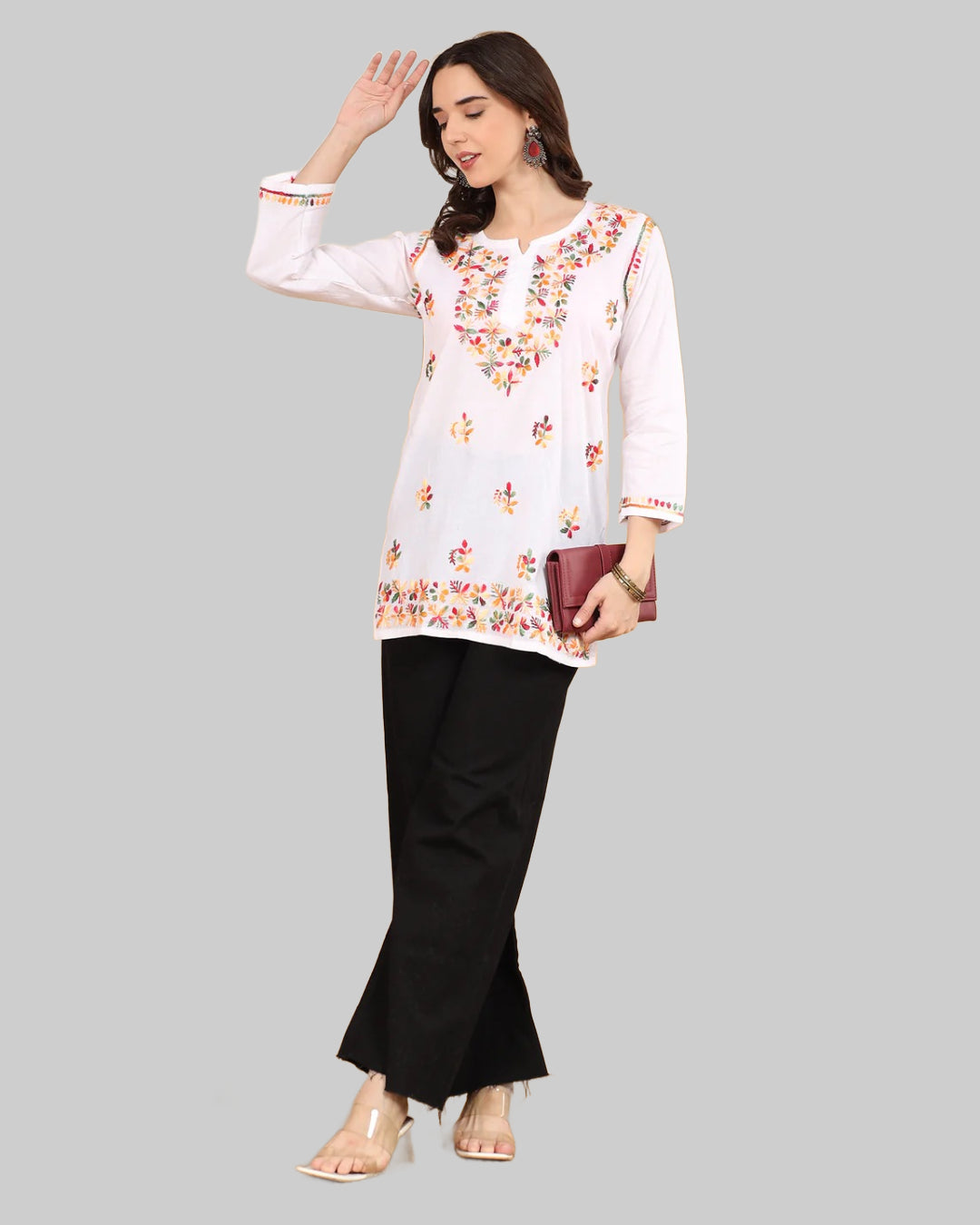 White Cotton Chikankari Short Kurti with Multi-Thread Embroidery for Women – 28" Length | Soft, Non-Transparent & Stylish Chikankari Kurti