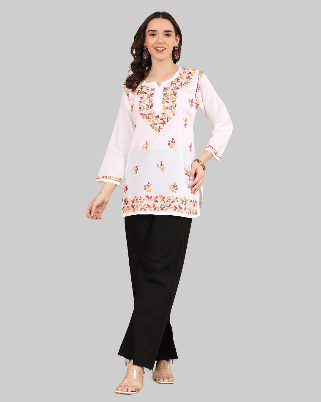 White Cotton Chikankari Short Kurti with Multi-Thread Embroidery for Women – 28" Length | Soft, Non-Transparent & Stylish Chikankari Kurti