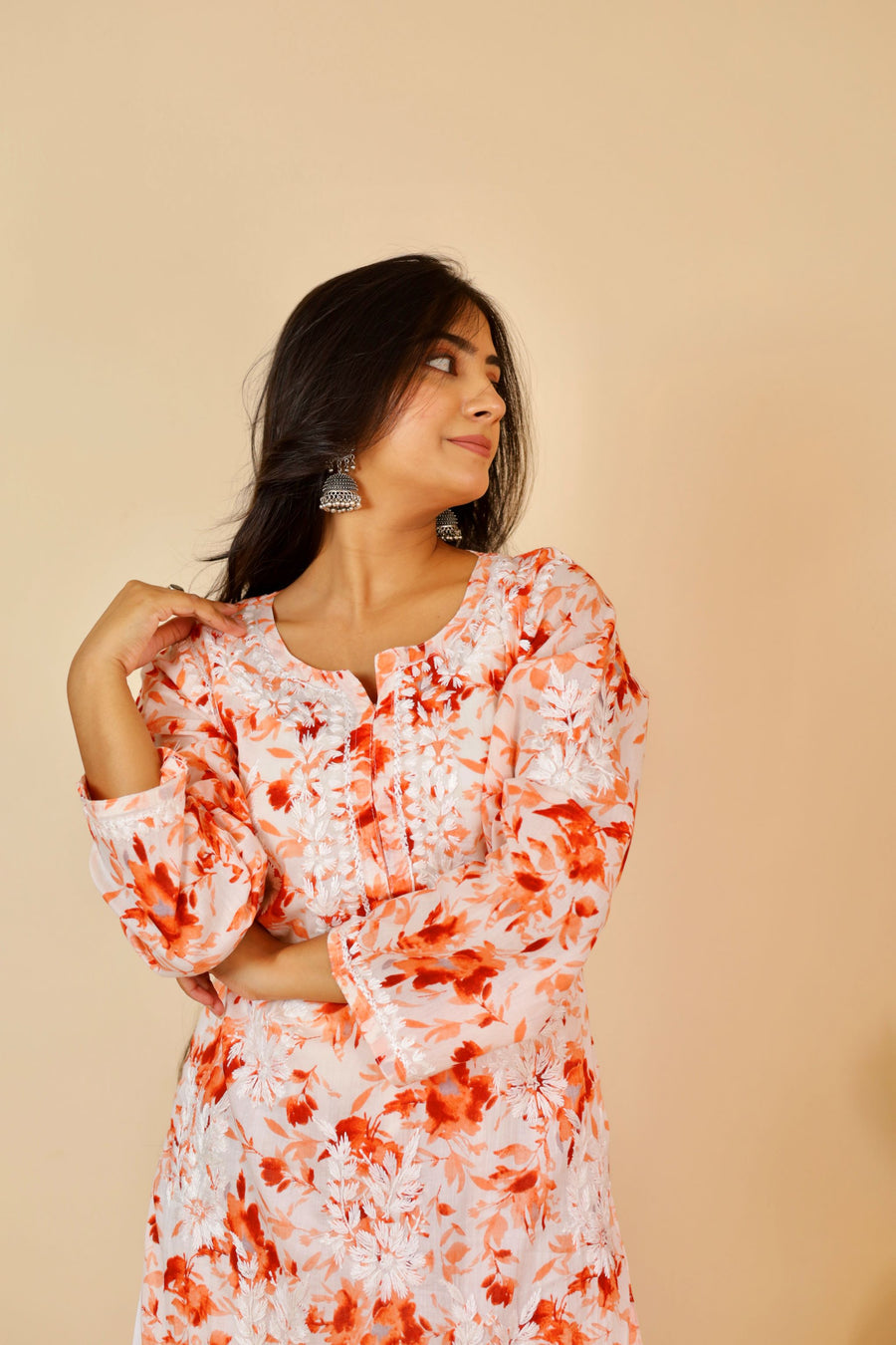 Women's Super Comfy Pure Mulmul Floral Print Lucknowi Chikankari Straight Long Kurti