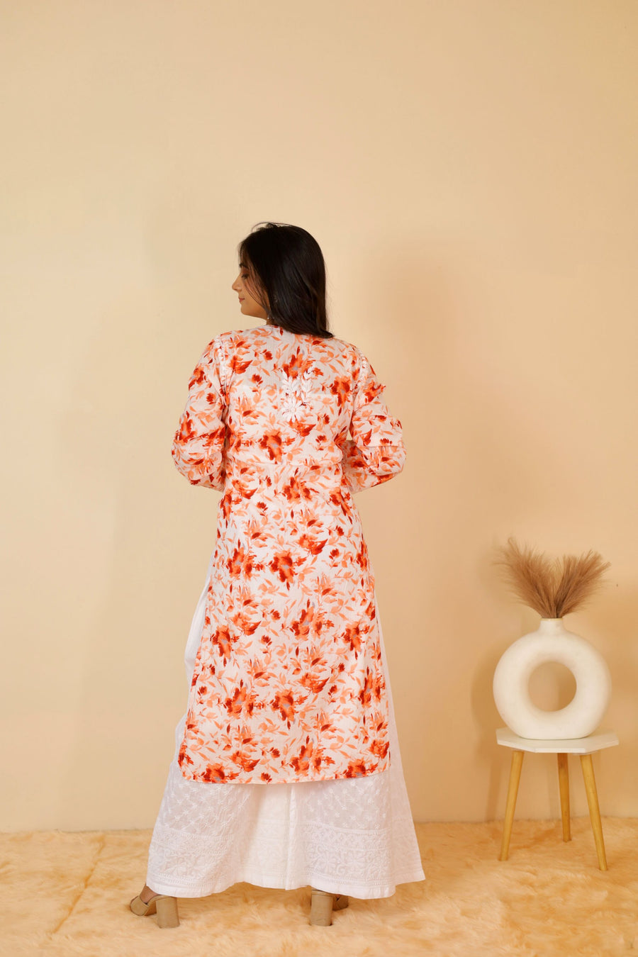 Women's Super Comfy Pure Mulmul Floral Print Lucknowi Chikankari Straight Long Kurti