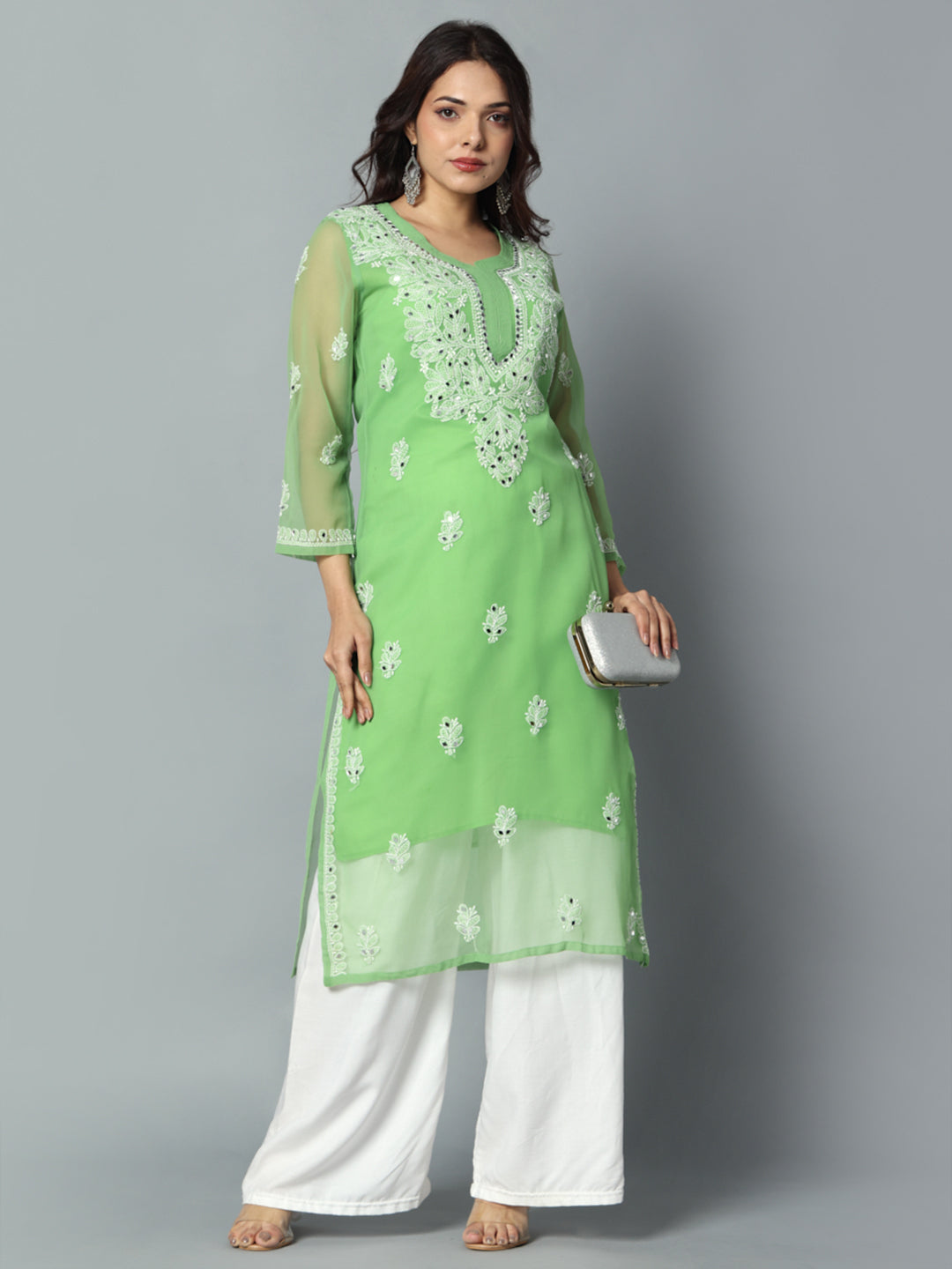 Chikankari Chiffon Georgette Straight Kurti With Real Pasted Mirror Work & Matching Cotton Inner