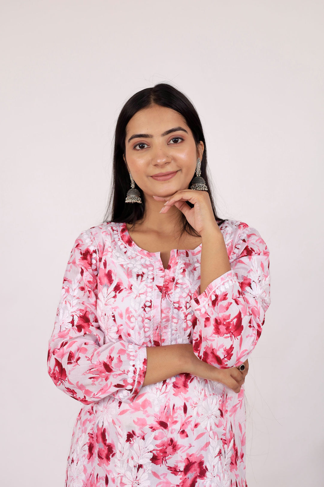 Women's Super Comfy Pure Mulmul Floral Print Lucknowi Chikankari Straight Long Kurti