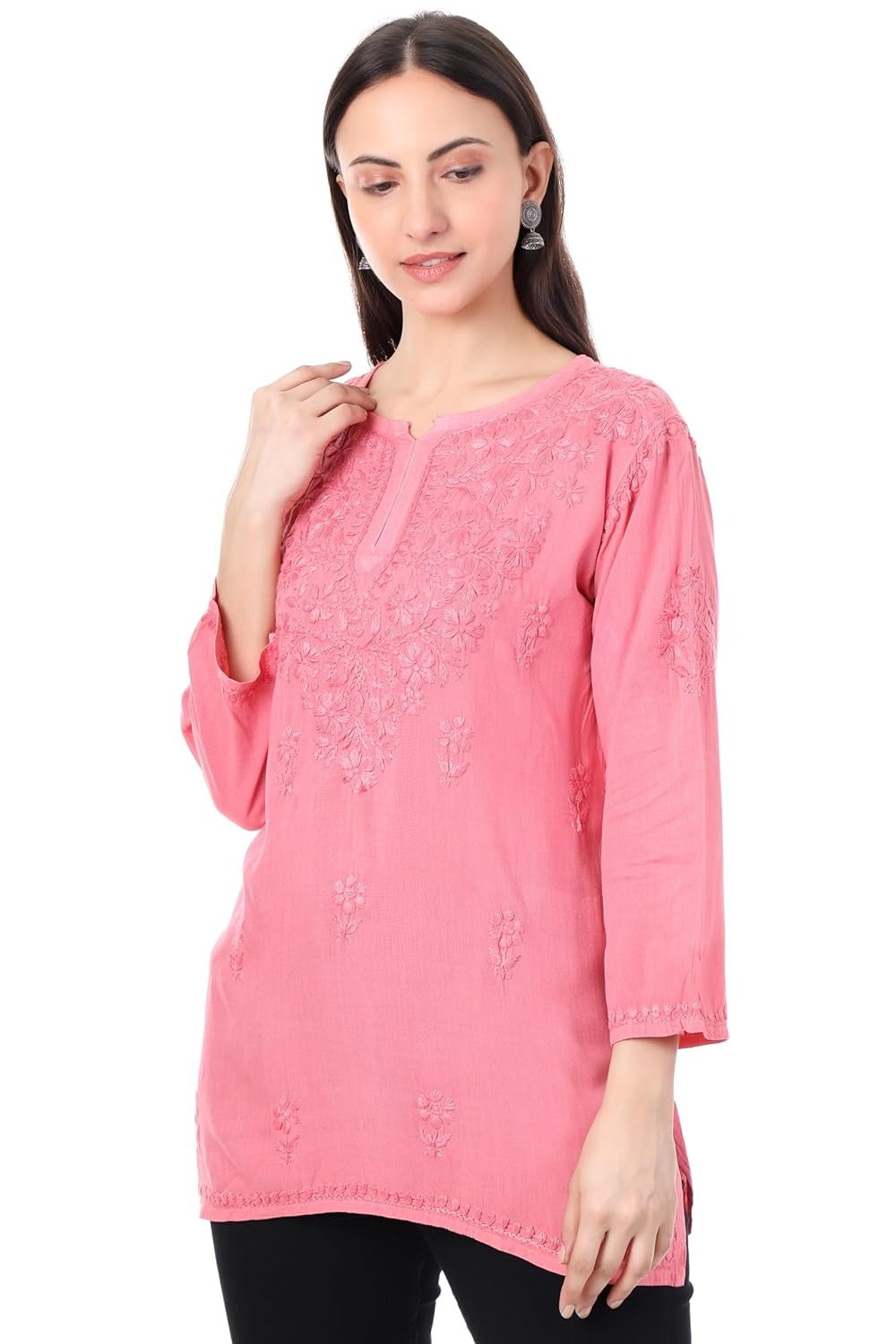 Dyed Short Rayon Lucknowi Chikankari Top for Women | Comfortable & Non-Transparent Short Kurti