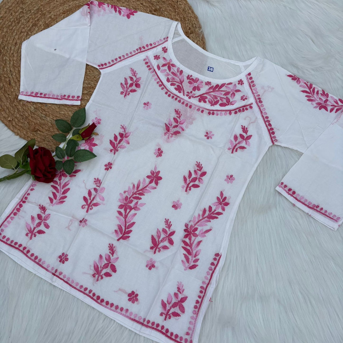 Naaz White Base Pure Mulmul Chikankari Short Kurti with Color Threadwork