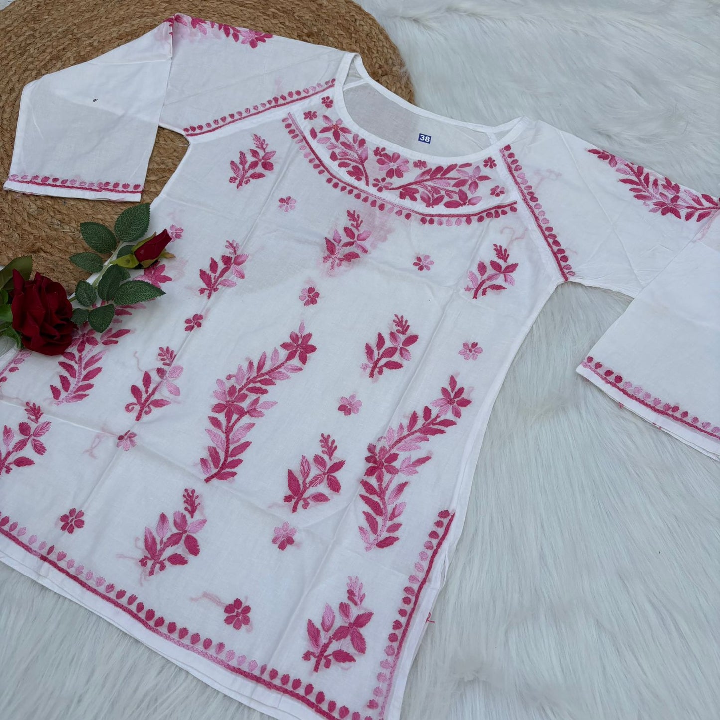 Naaz White Base Pure Mulmul Chikankari Short Kurti with Color Threadwork