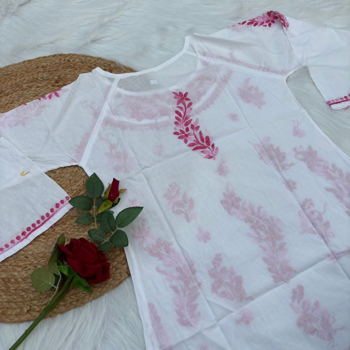 Naaz White Base Pure Mulmul Chikankari Short Kurti with Color Threadwork