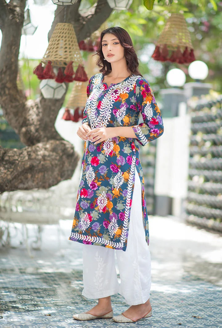 Nigaar Straight Fit Floral Print Rayon Kurti with Lucknowi Hand Embroidery for All Occasions