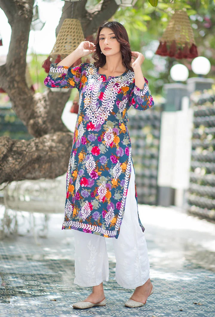 Nigaar Straight Fit Floral Print Rayon Kurti with Lucknowi Hand Embroidery for All Occasions