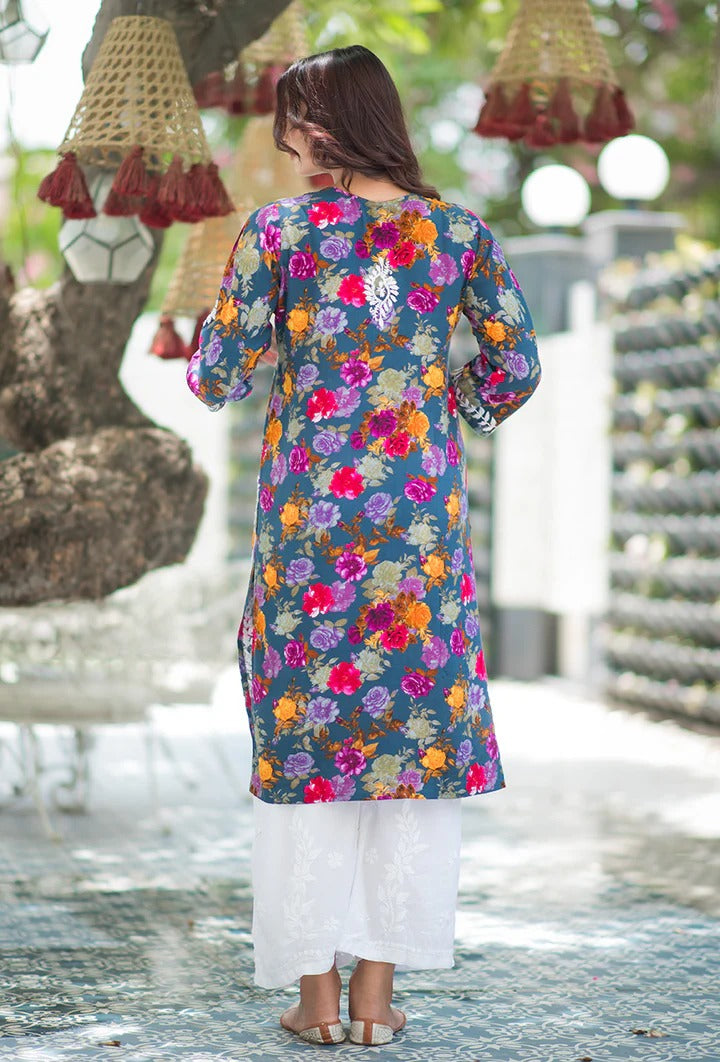 Nigaar Straight Fit Floral Print Rayon Kurti with Lucknowi Hand Embroidery for All Occasions
