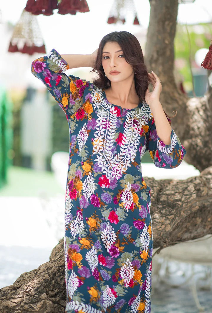 Nigaar Straight Fit Floral Print Rayon Kurti with Lucknowi Hand Embroidery for All Occasions