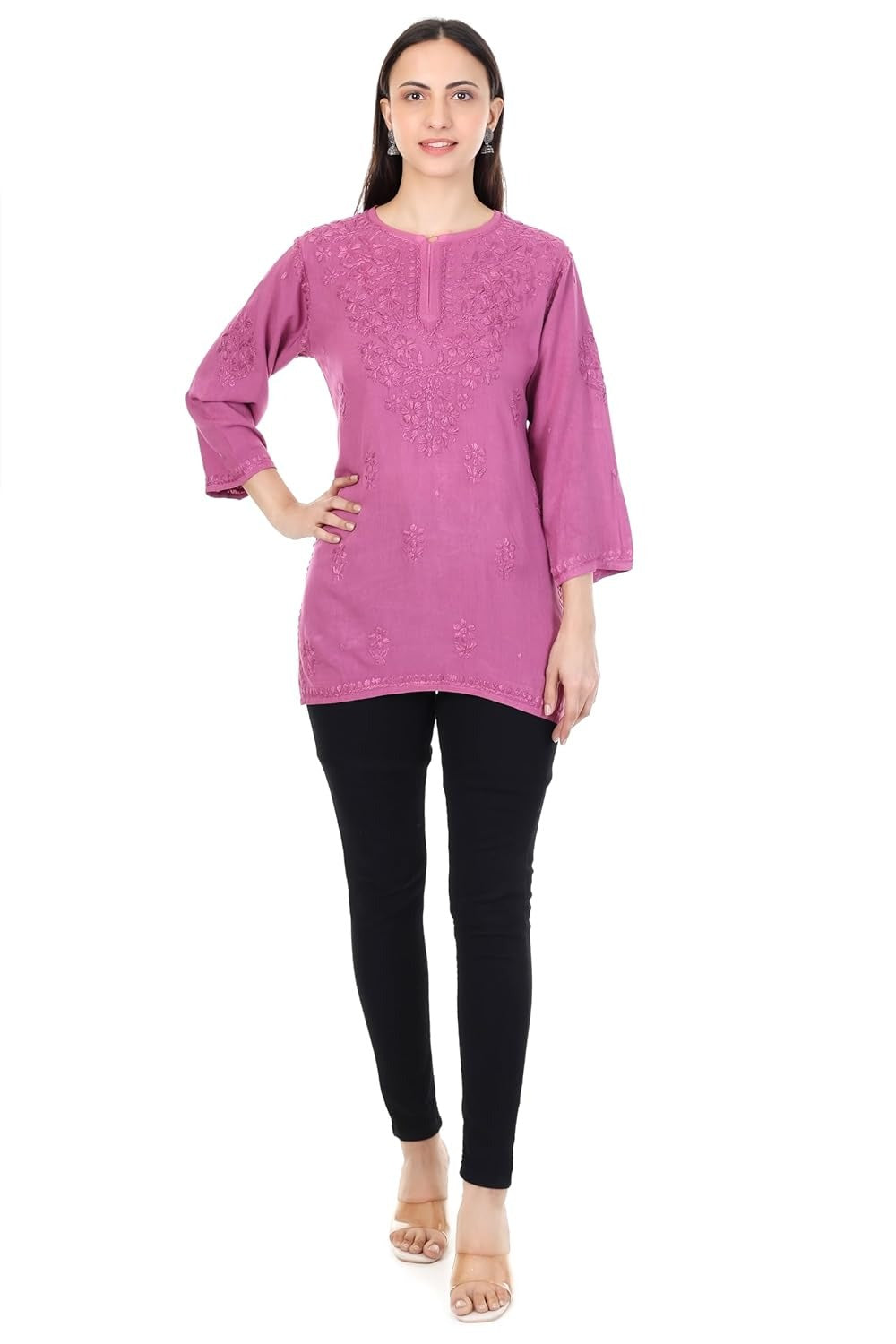 Dyed Short Rayon Lucknowi Chikankari Top for Women | Comfortable & Non-Transparent Short Kurti