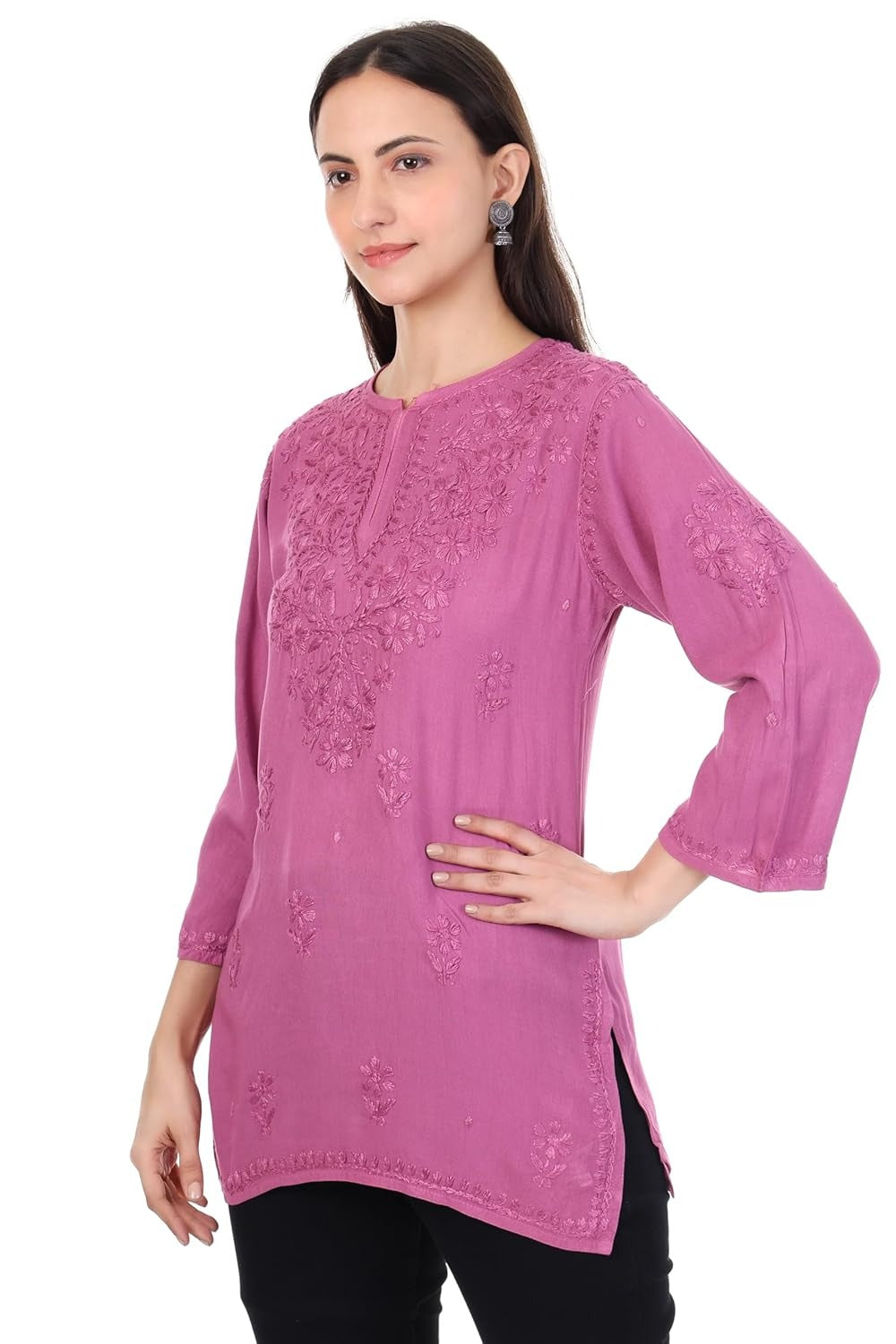 Dyed Short Rayon Lucknowi Chikankari Top for Women | Comfortable & Non-Transparent Short Kurti