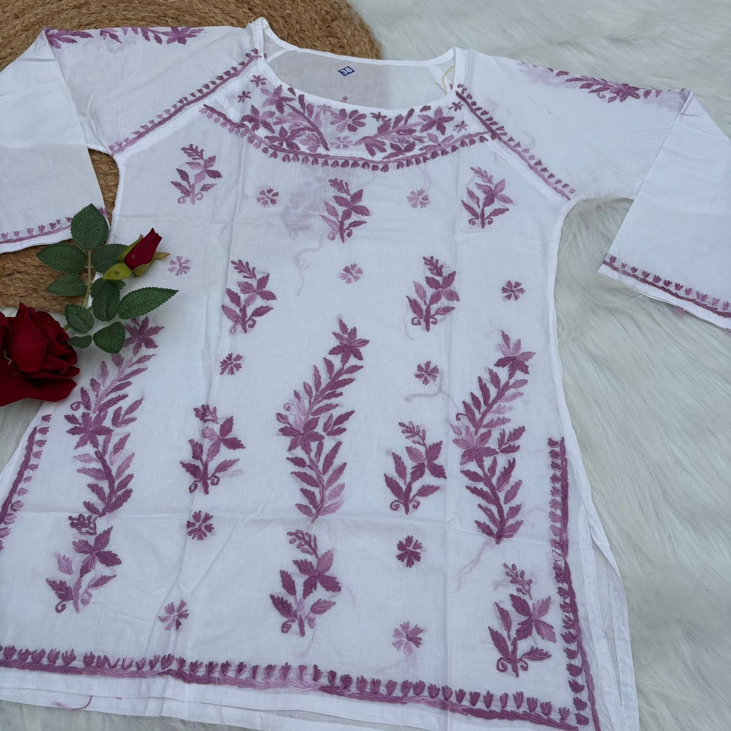 Naaz White Base Pure Mulmul Chikankari Short Kurti with Color Threadwork