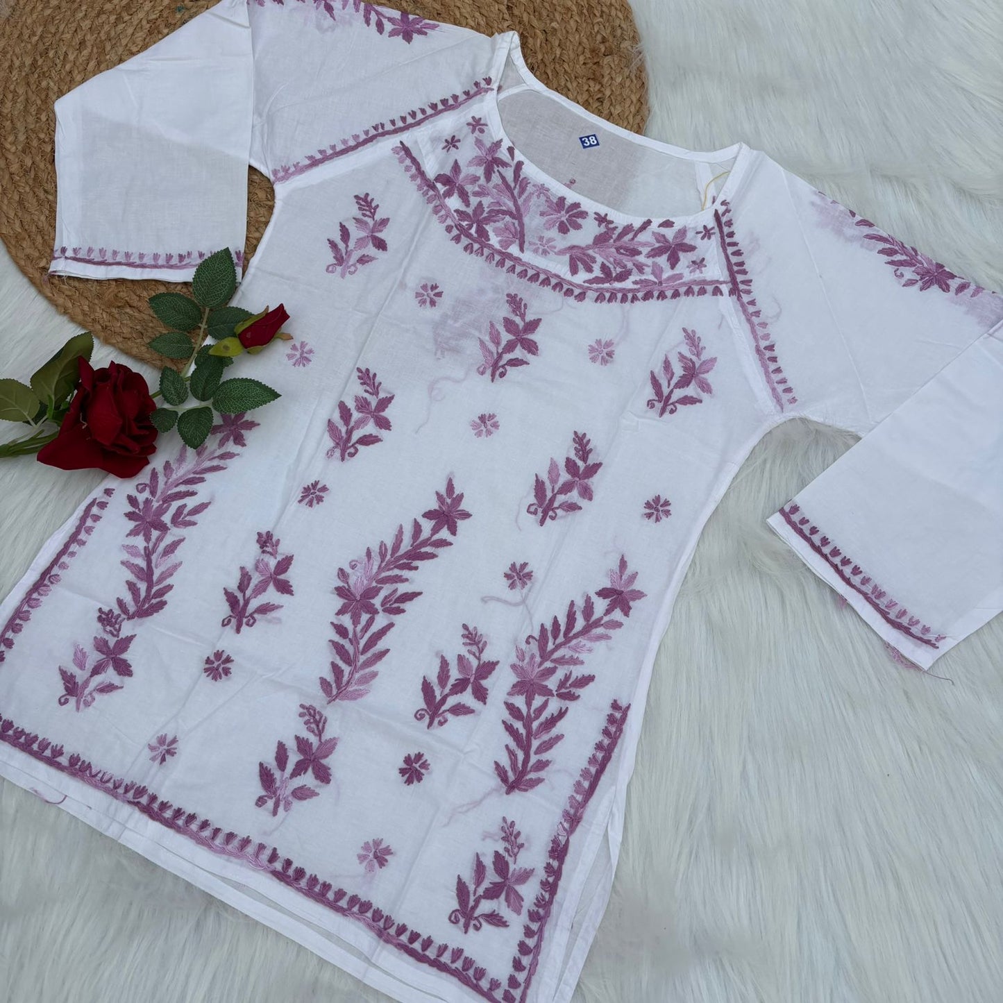 Naaz White Base Pure Mulmul Chikankari Short Kurti with Color Threadwork