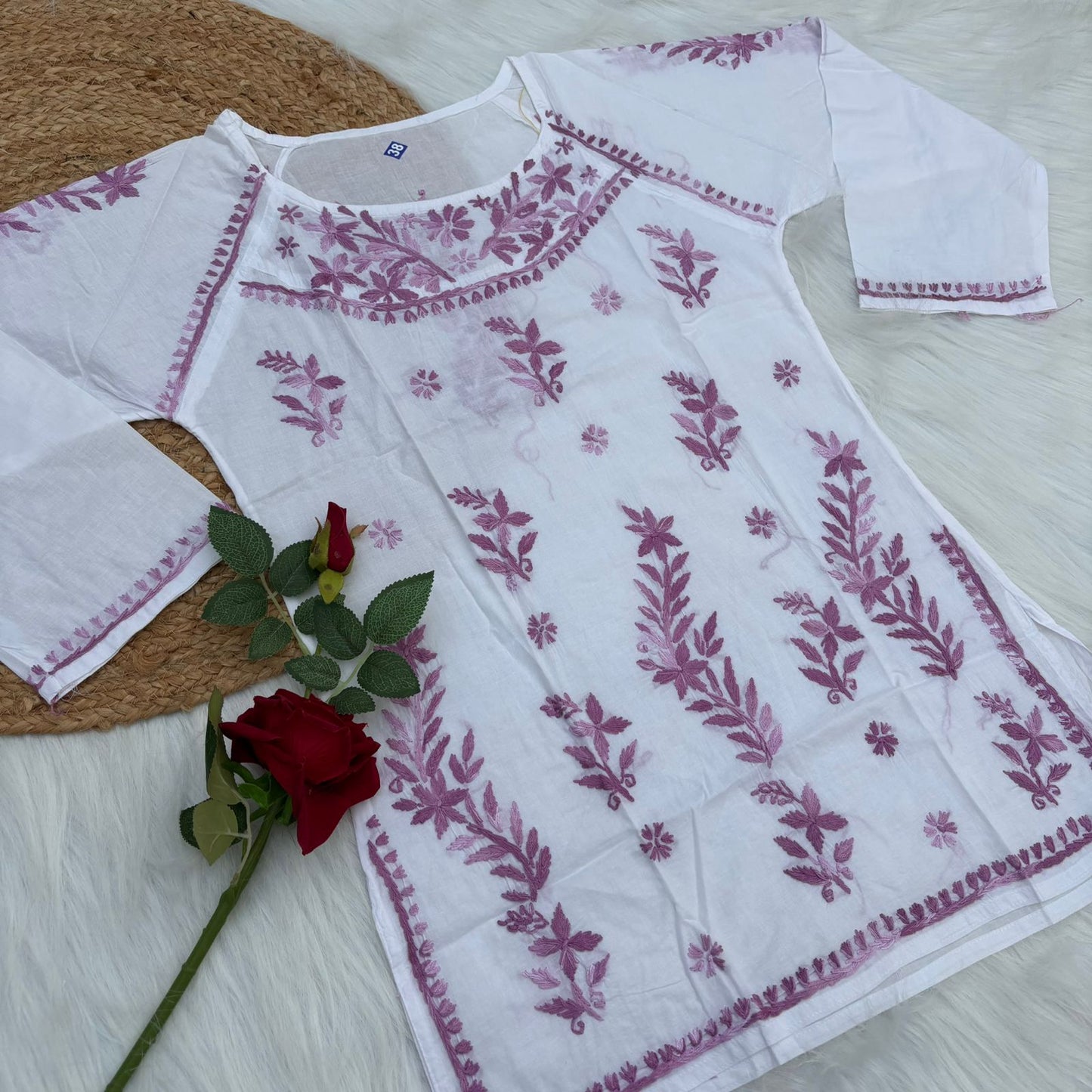 Naaz White Base Pure Mulmul Chikankari Short Kurti with Color Threadwork