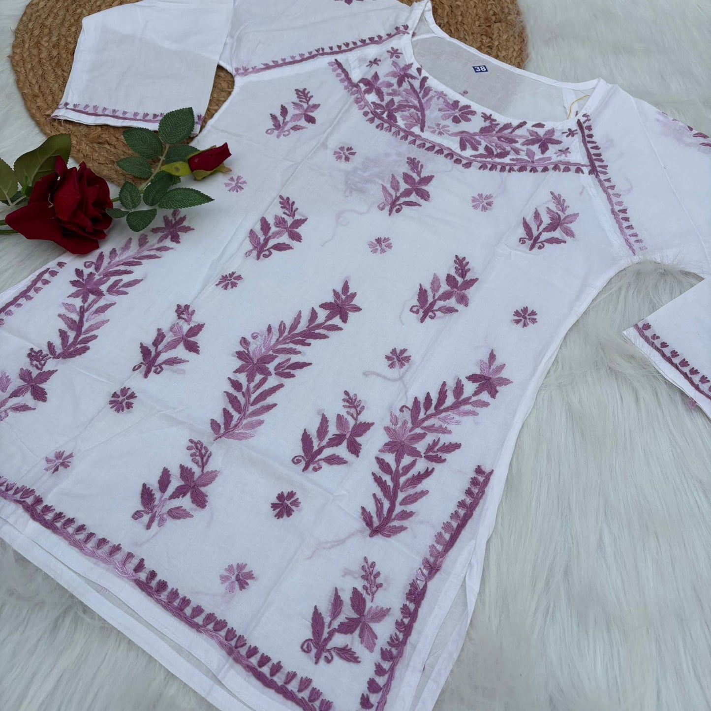 Naaz White Base Pure Mulmul Chikankari Short Kurti with Color Threadwork