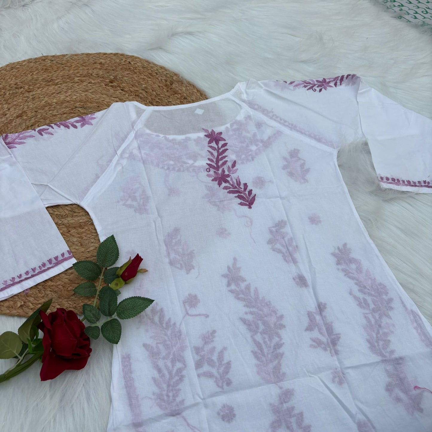 Naaz White Base Pure Mulmul Chikankari Short Kurti with Color Threadwork