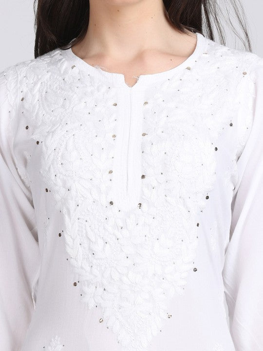 Super Comfy Rayon Chikankari Kurti with Muquesh Embellishments