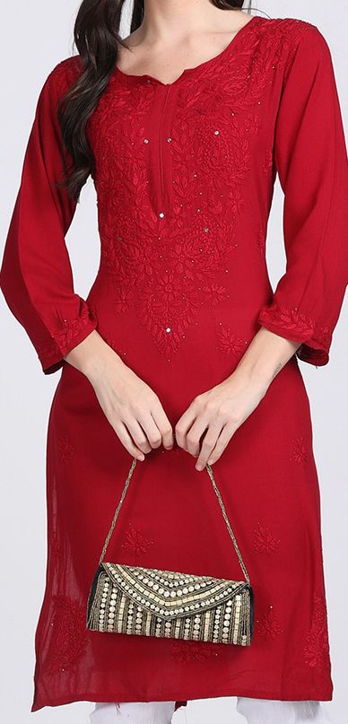Super Comfy Rayon Chikankari Kurti with Muquesh Embellishments
