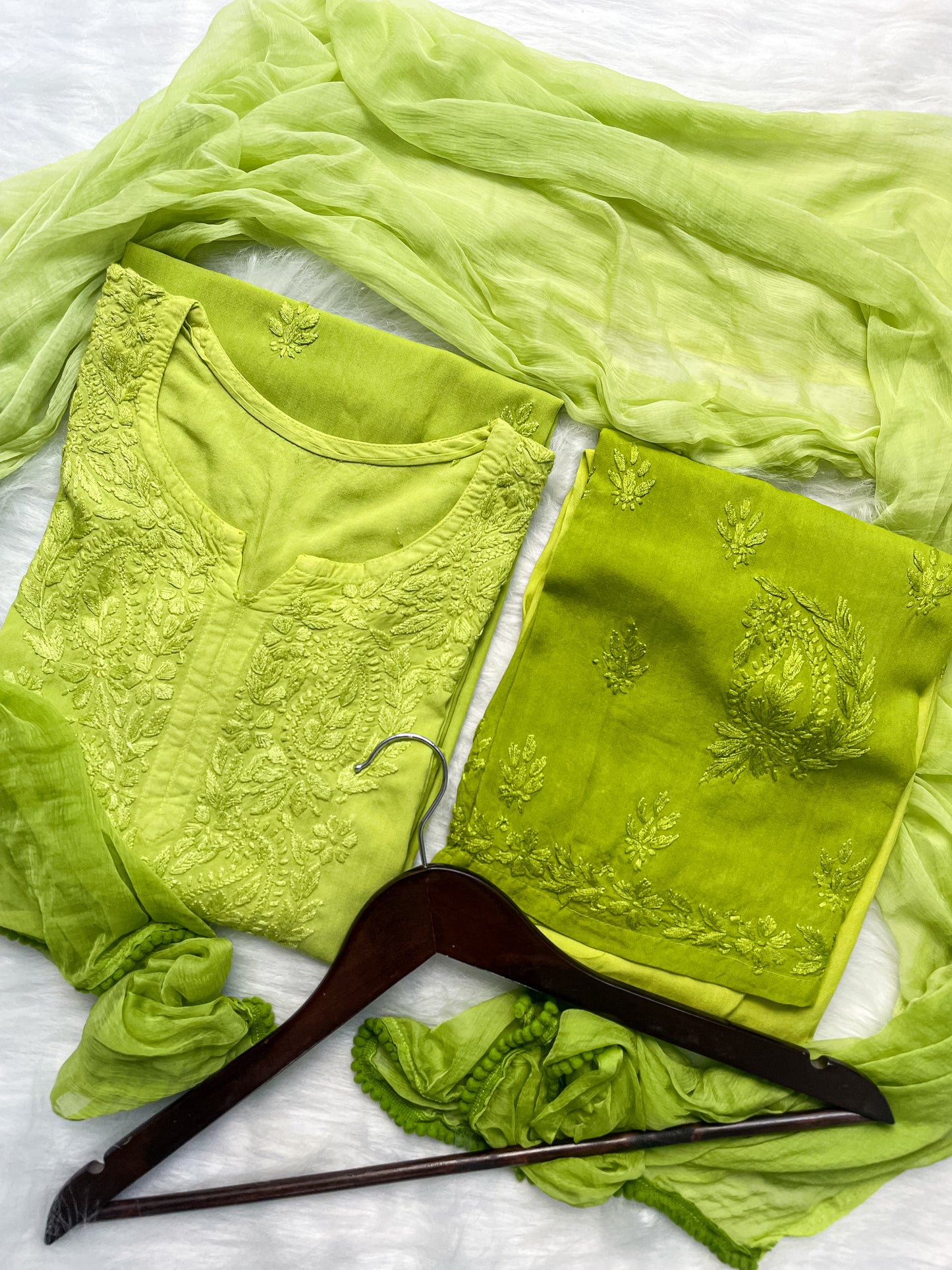 Ombre Dyed Shaded Rayon Lucknowi Chikankari Kurti, Palazzo and Dupatta Set.