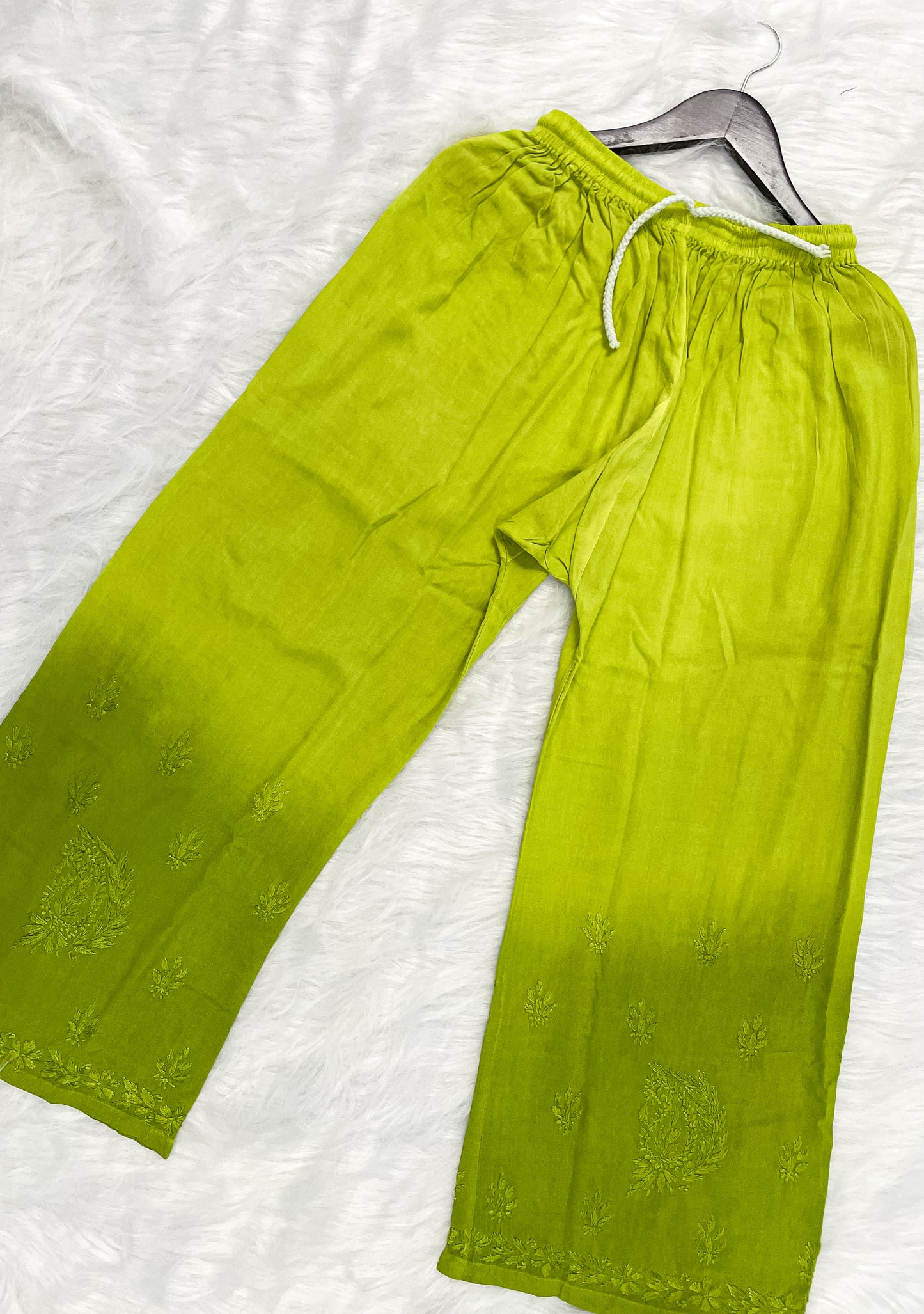 Ombre Dyed Shaded Rayon Lucknowi Chikankari Kurti, Palazzo and Dupatta Set.