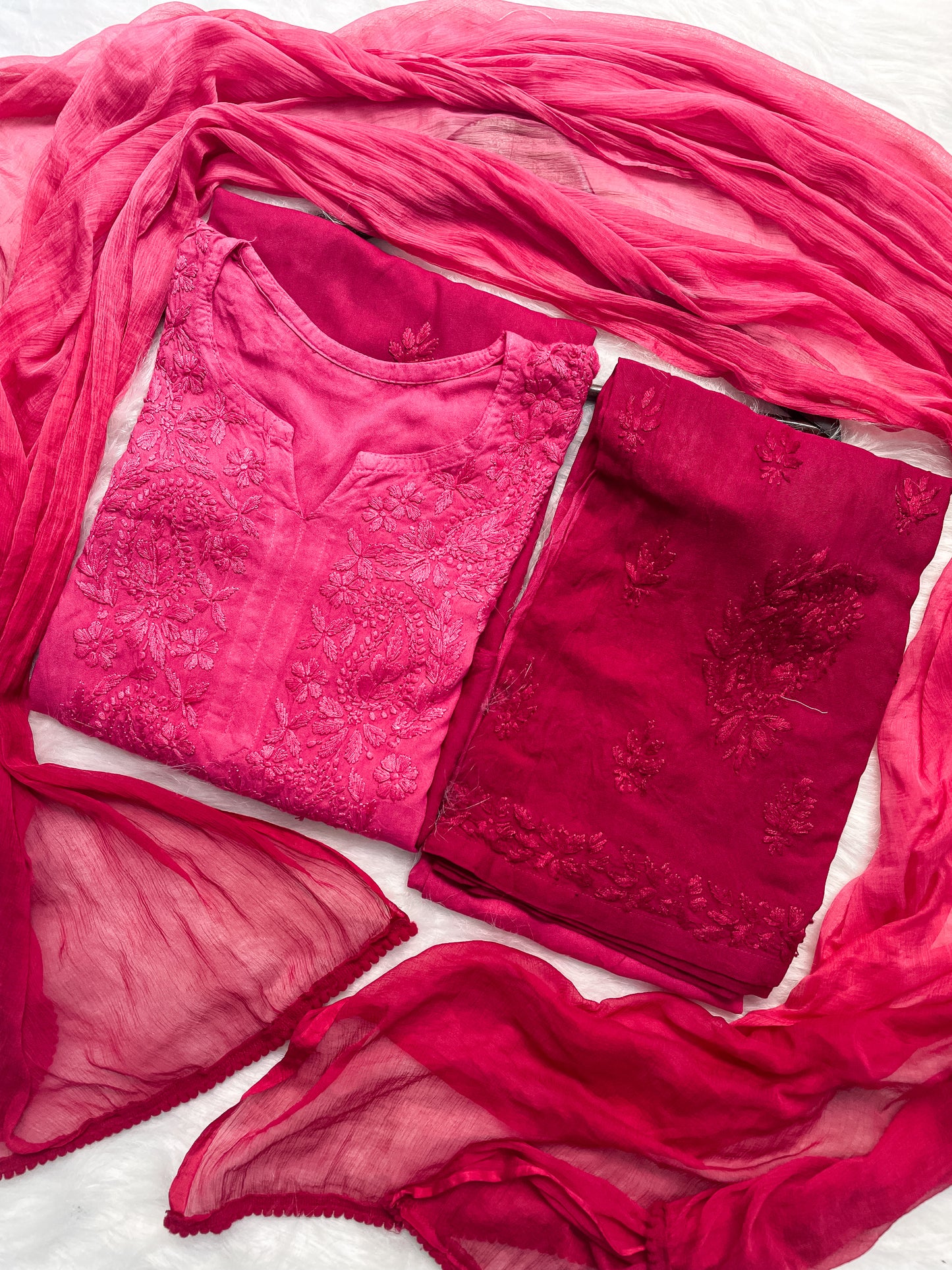 Ombre Dyed Shaded Rayon Lucknowi Chikankari Kurti, Palazzo and Dupatta Set.