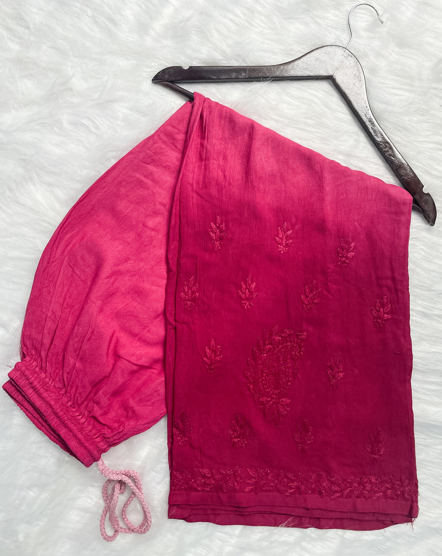 Ombre Dyed Shaded Rayon Lucknowi Chikankari Kurti, Palazzo and Dupatta Set.