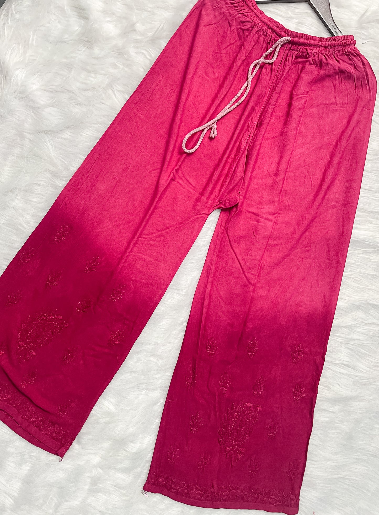 Ombre Dyed Shaded Rayon Lucknowi Chikankari Kurti, Palazzo and Dupatta Set.