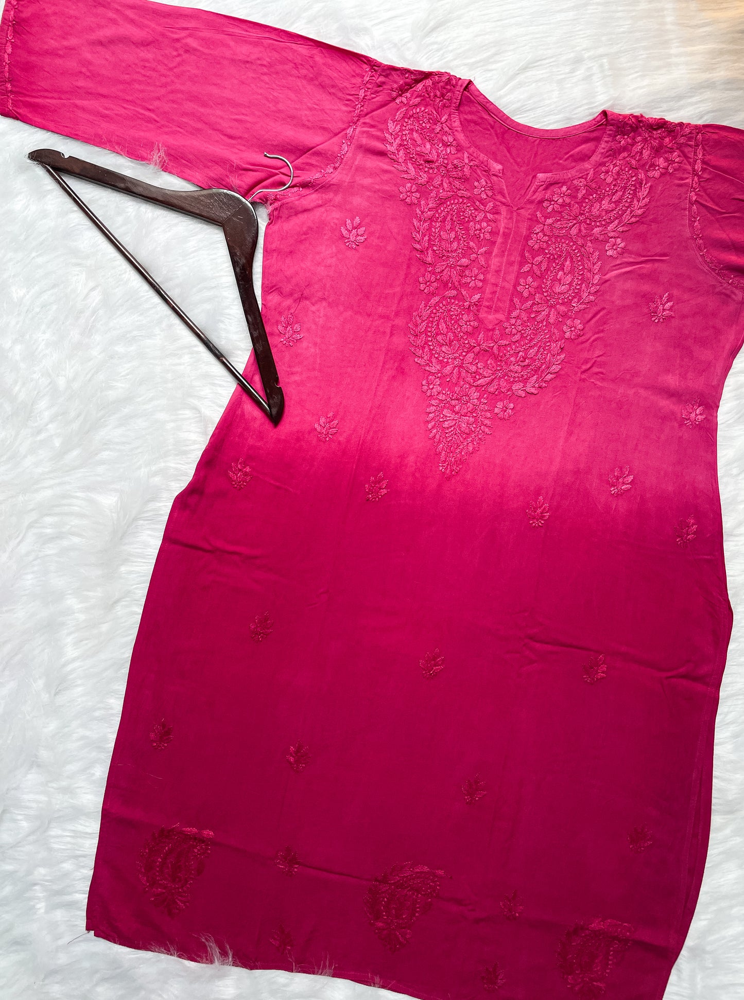 Ombre Dyed Shaded Rayon Lucknowi Chikankari Kurti, Palazzo and Dupatta Set.