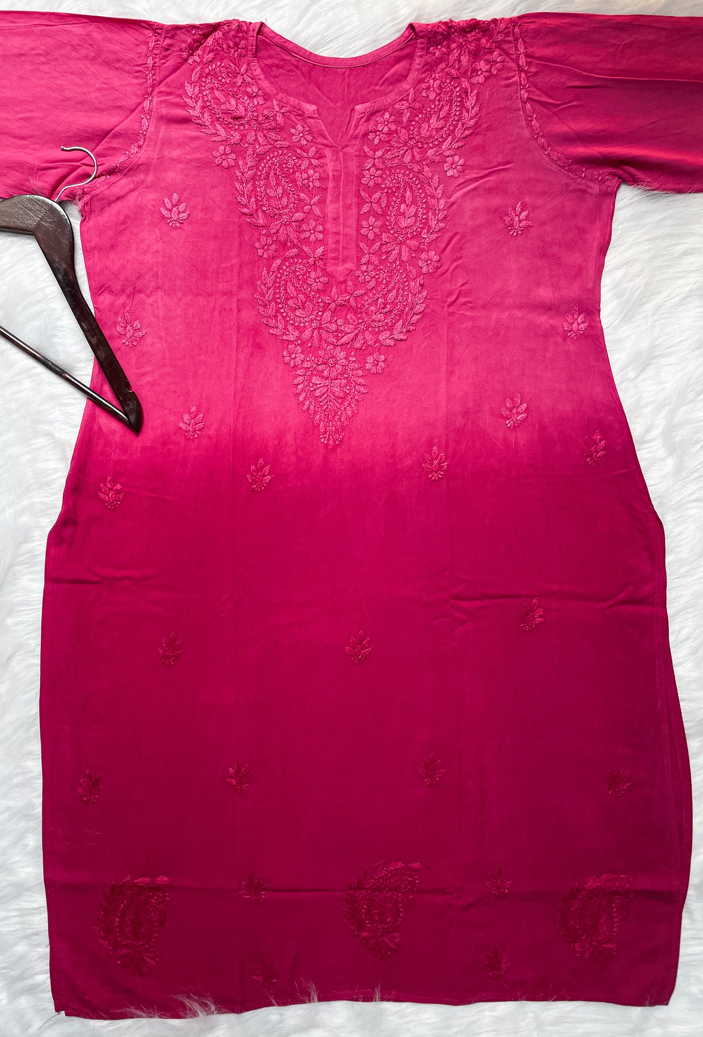 Ombre Dyed Shaded Rayon Lucknowi Chikankari Kurti, Palazzo and Dupatta Set.