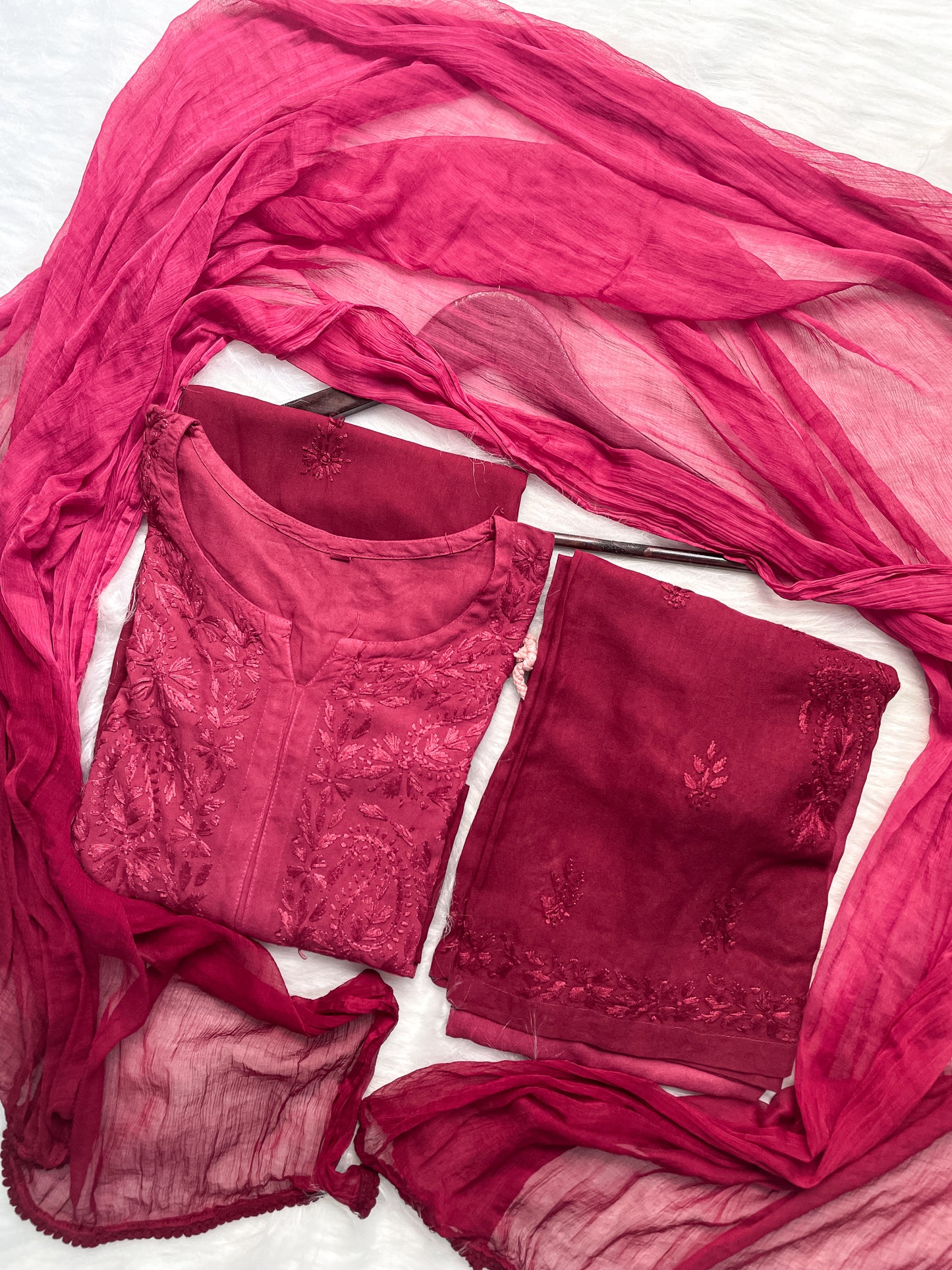 Ombre Dyed Shaded Rayon Lucknowi Chikankari Kurti, Palazzo and Dupatta Set.