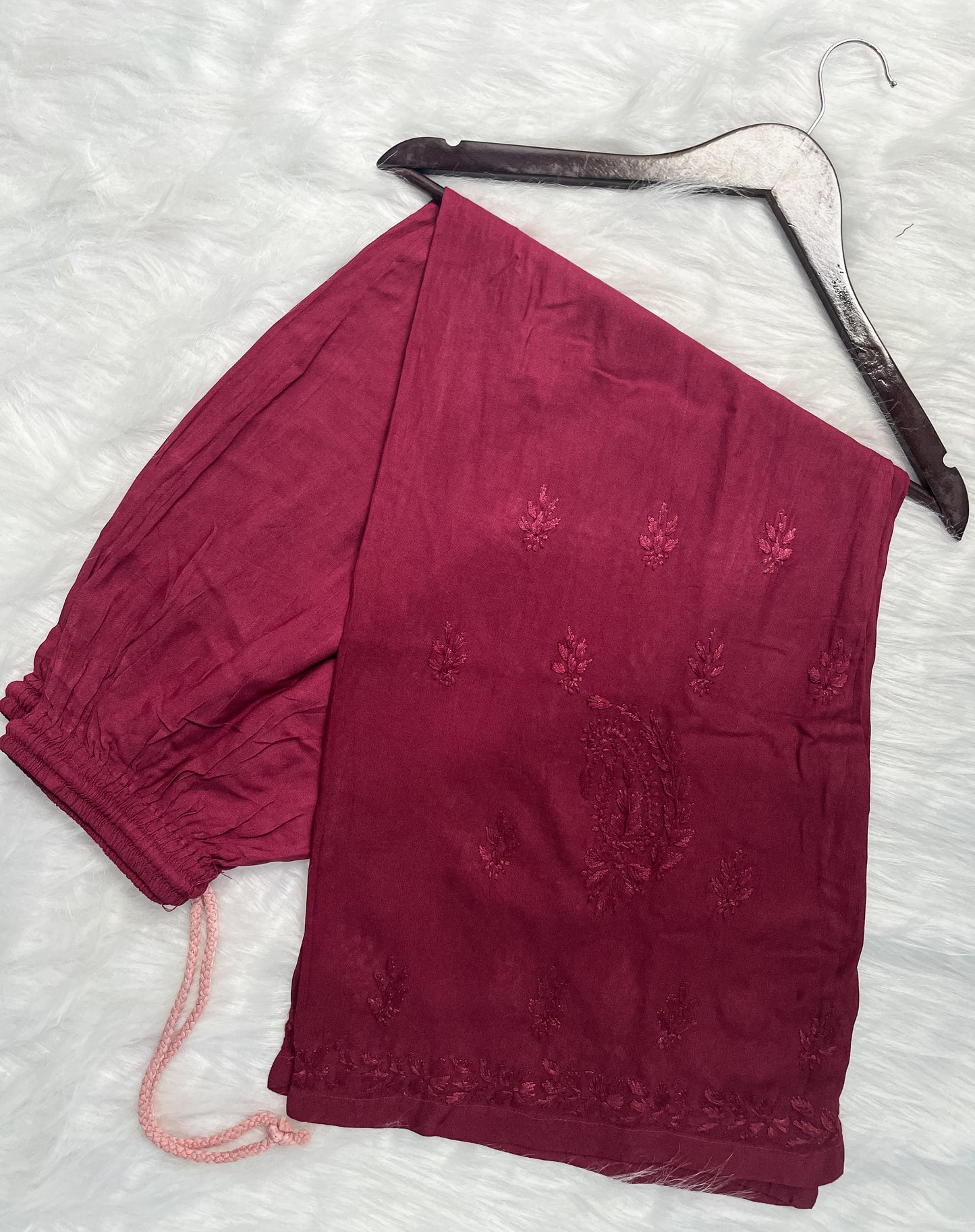 Ombre Dyed Shaded Rayon Lucknowi Chikankari Kurti, Palazzo and Dupatta Set.