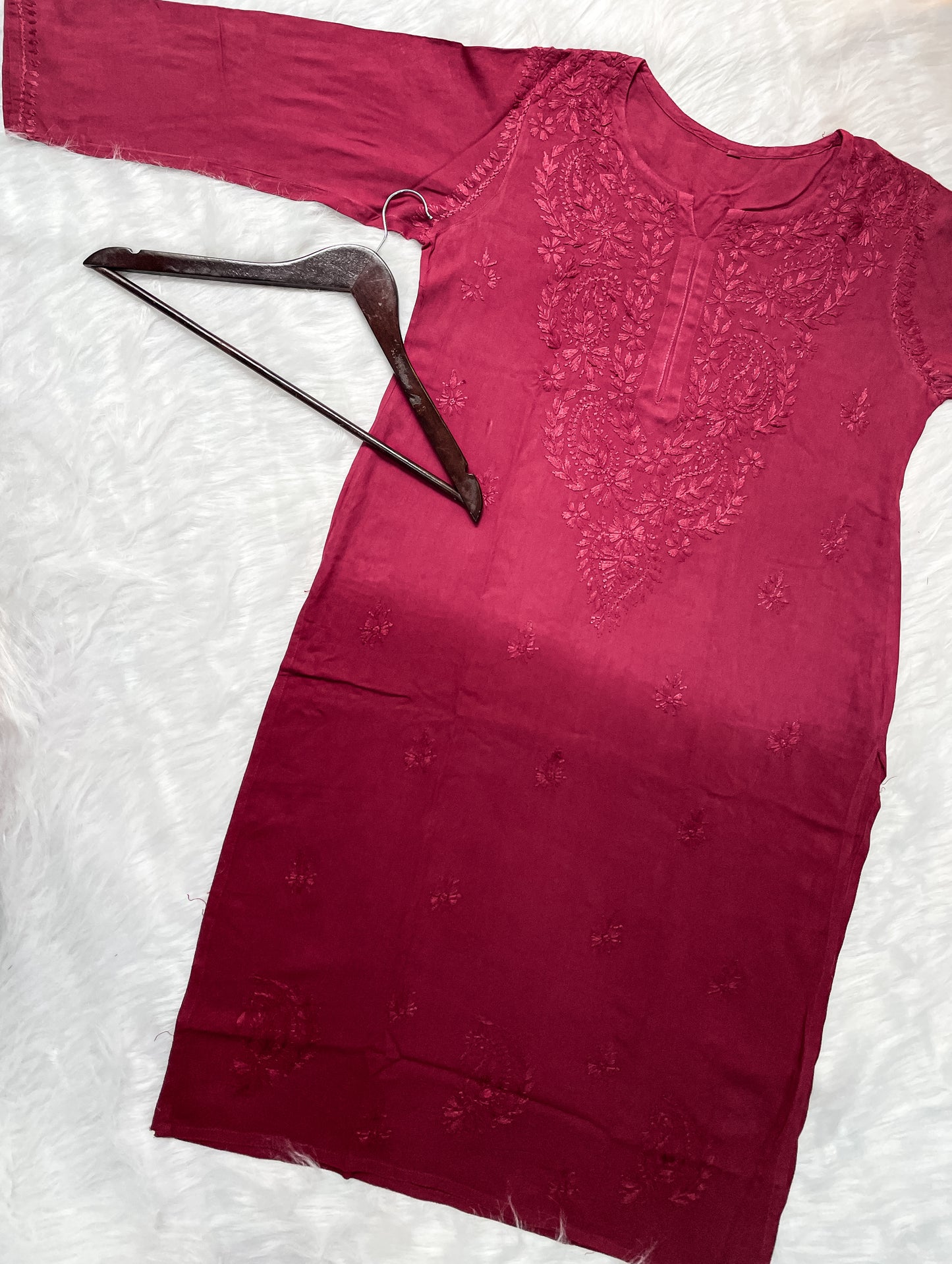 Ombre Dyed Shaded Rayon Lucknowi Chikankari Kurti, Palazzo and Dupatta Set.