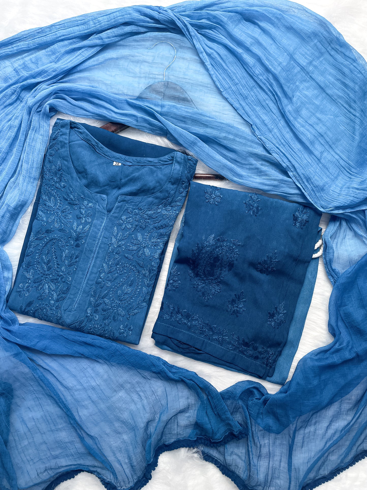 Ombre Dyed Shaded Rayon Lucknowi Chikankari Kurti, Palazzo and Dupatta Set.