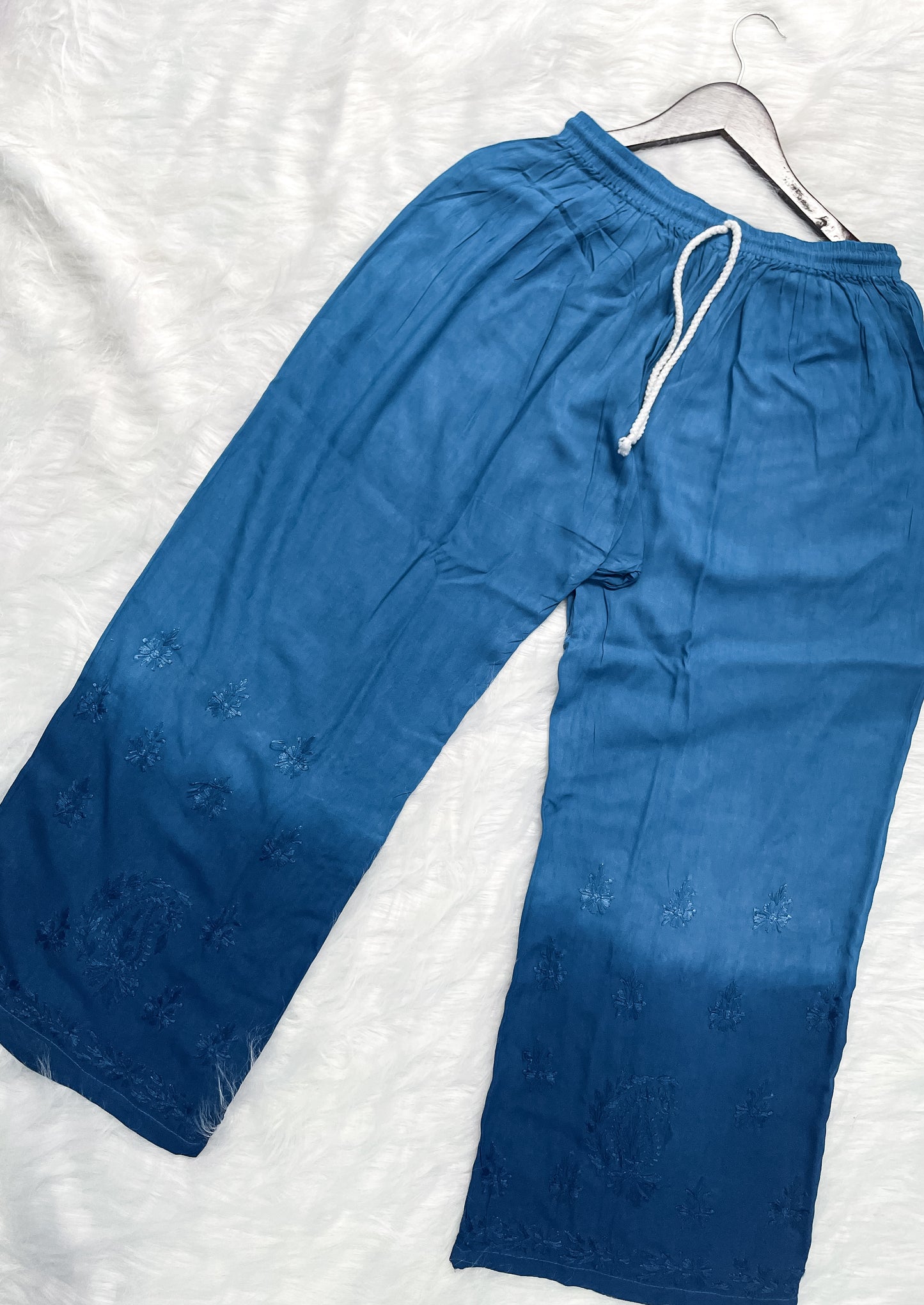 Ombre Dyed Shaded Rayon Lucknowi Chikankari Kurti, Palazzo and Dupatta Set.