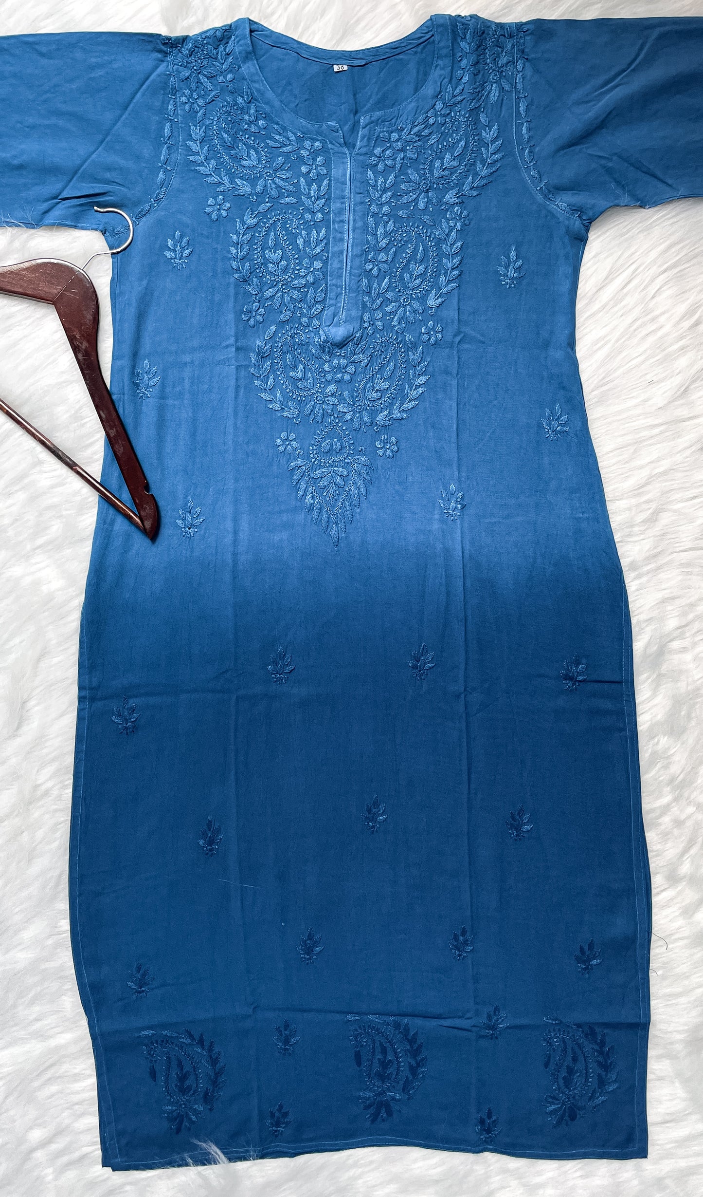 Ombre Dyed Shaded Rayon Lucknowi Chikankari Kurti, Palazzo and Dupatta Set.