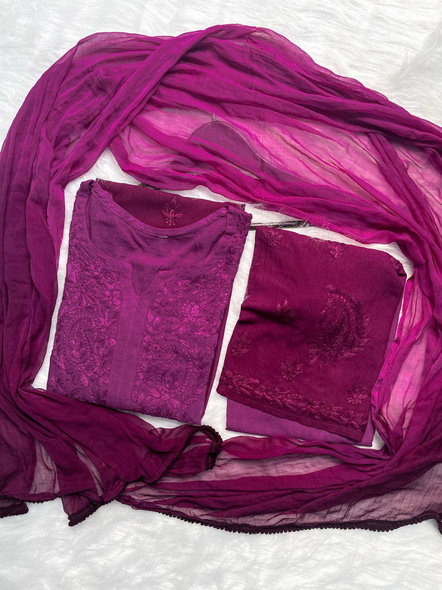 Ombre Dyed Shaded Rayon Lucknowi Chikankari Kurti, Palazzo and Dupatta Set.