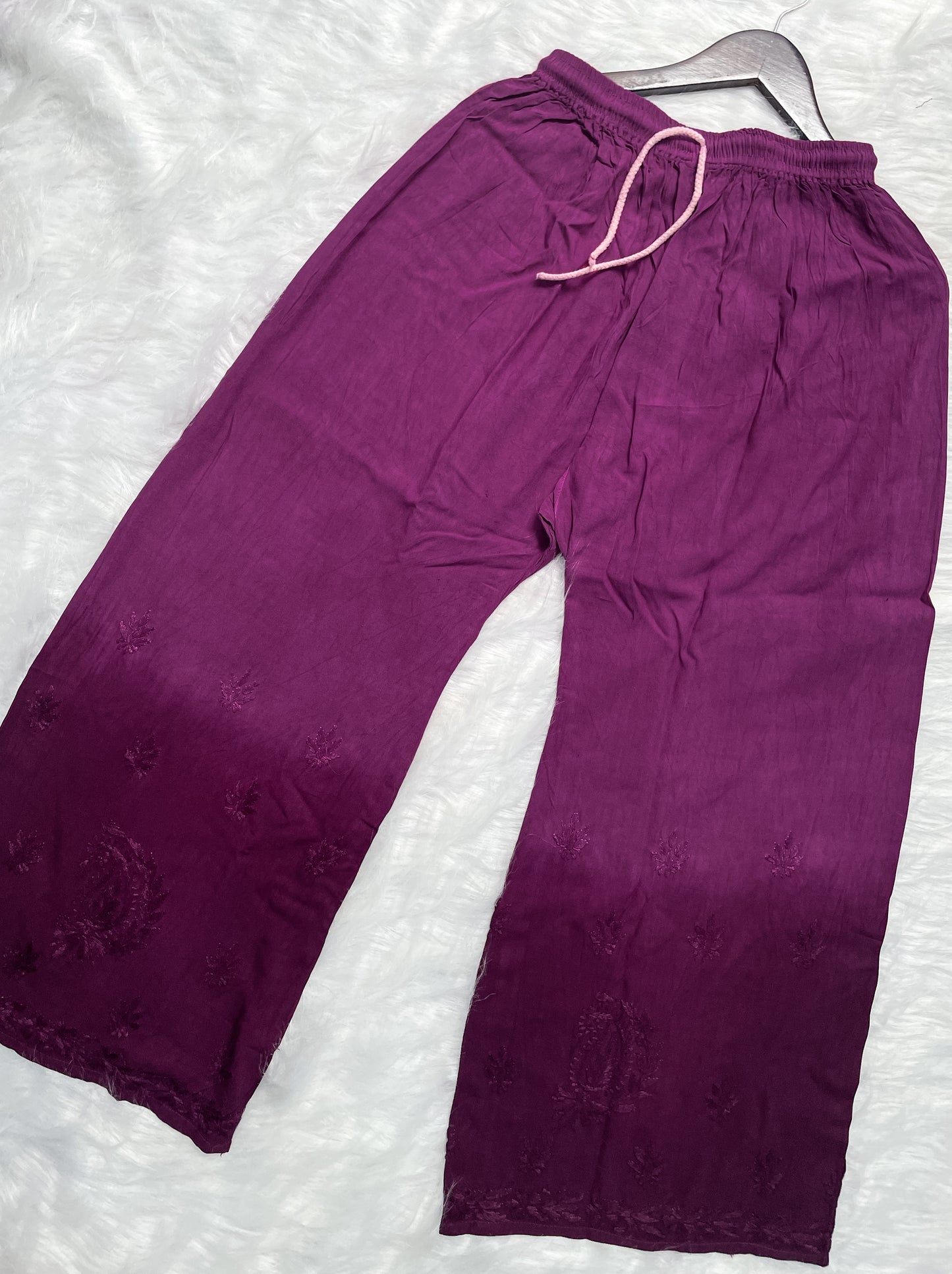 Ombre Dyed Shaded Rayon Lucknowi Chikankari Kurti, Palazzo and Dupatta Set.