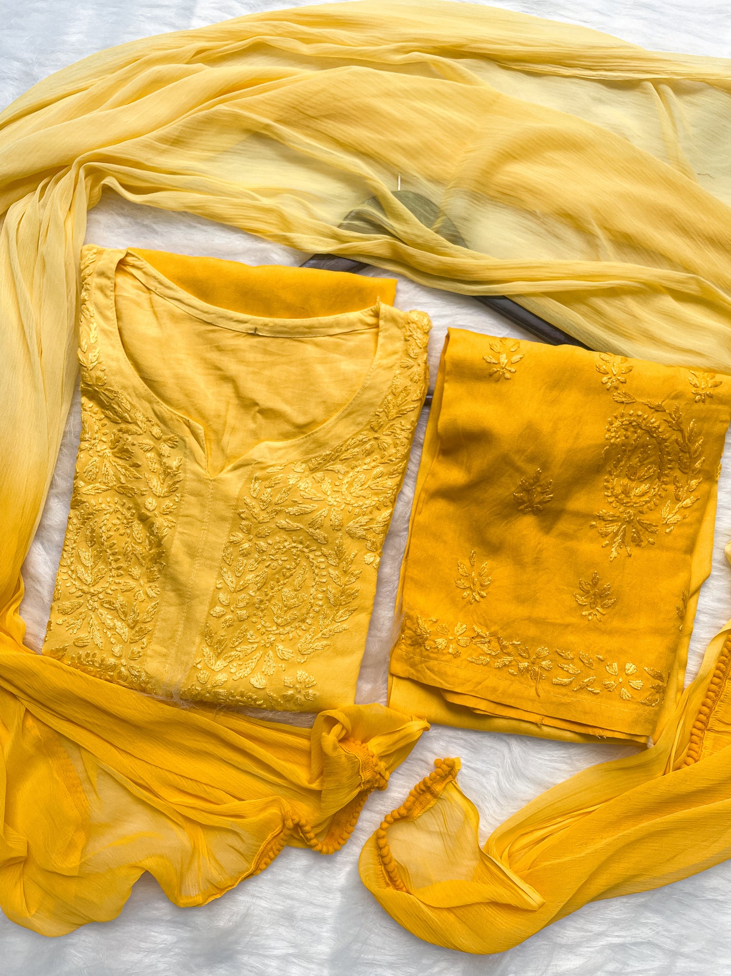 Ombre Dyed Shaded Rayon Lucknowi Chikankari Kurti, Palazzo and Dupatta Set.