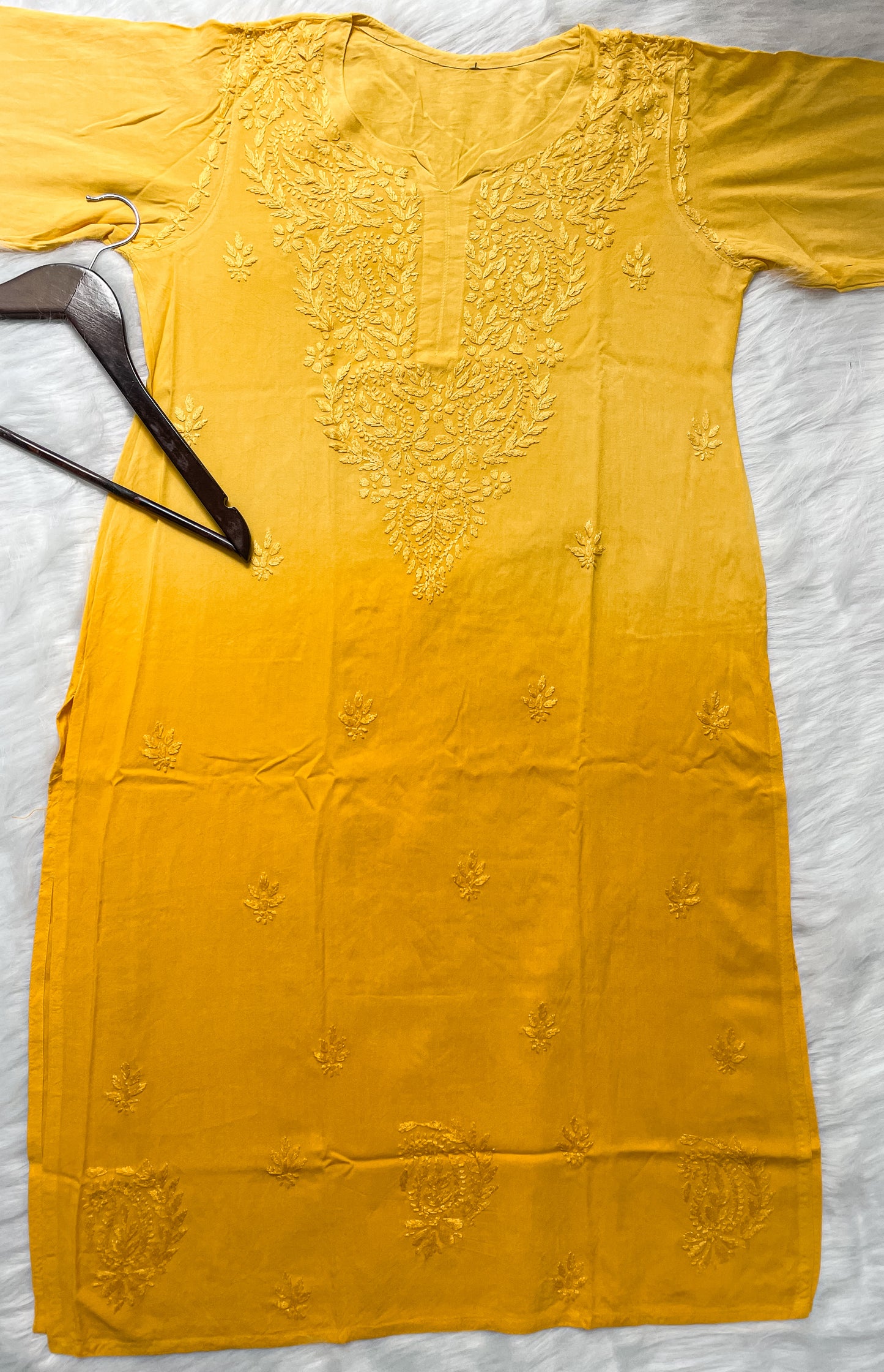 Ombre Dyed Shaded Rayon Lucknowi Chikankari Kurti, Palazzo and Dupatta Set.